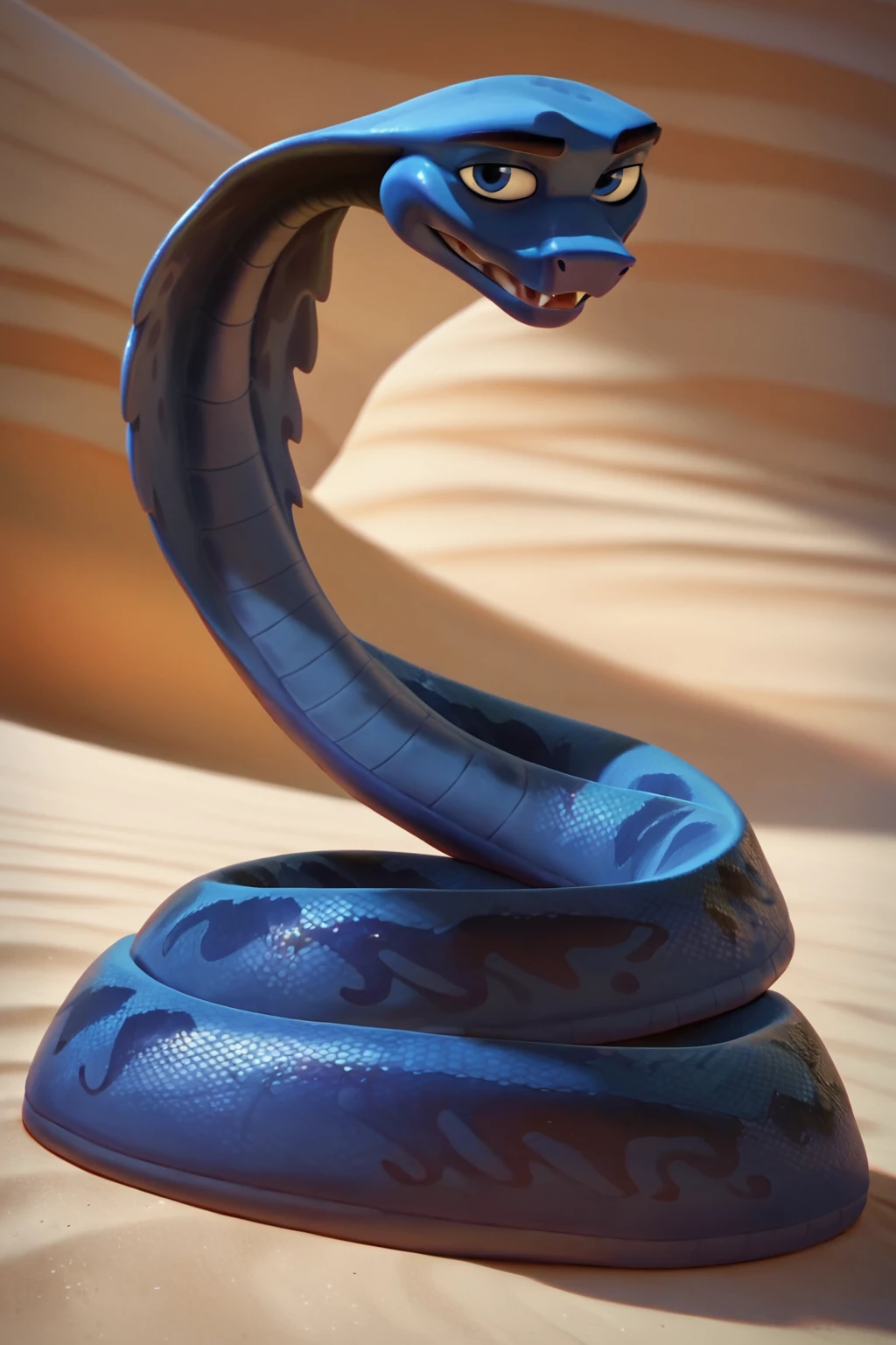 score_9, score_8_up, score_7_up, score_6_up, looking at viewer, Snake, reptile, blue and dark blue scales, male, blue eye, sand background,  <lora:Ajar_Sahara_2017_PonyXL:1>