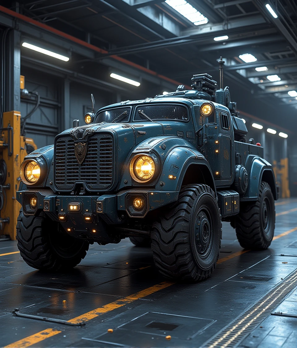 terran-style,a armored truck in factory,high-tech feel