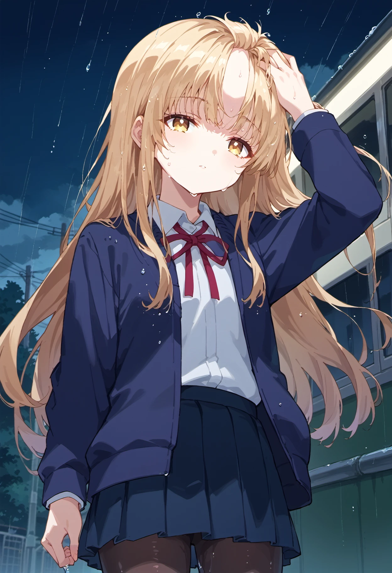 score_9, score_8_up, score_7_up, source anime, mahiru shiina, blonde hair, brown hair, yellow eyes, long hair, skirt, bow, school uniform, jacket, pleated skirt, pantyhose, wet hair, bangs pinned back, holding hair, hand in own hair, looking at viewer, bus station, rain, night, cloudy day, <lora:bangs_pinned_back-xl-pony-v1:1>, <lora:mahiru-shiina-s1-ponyxl-lora-nochekaiser:0.7>,