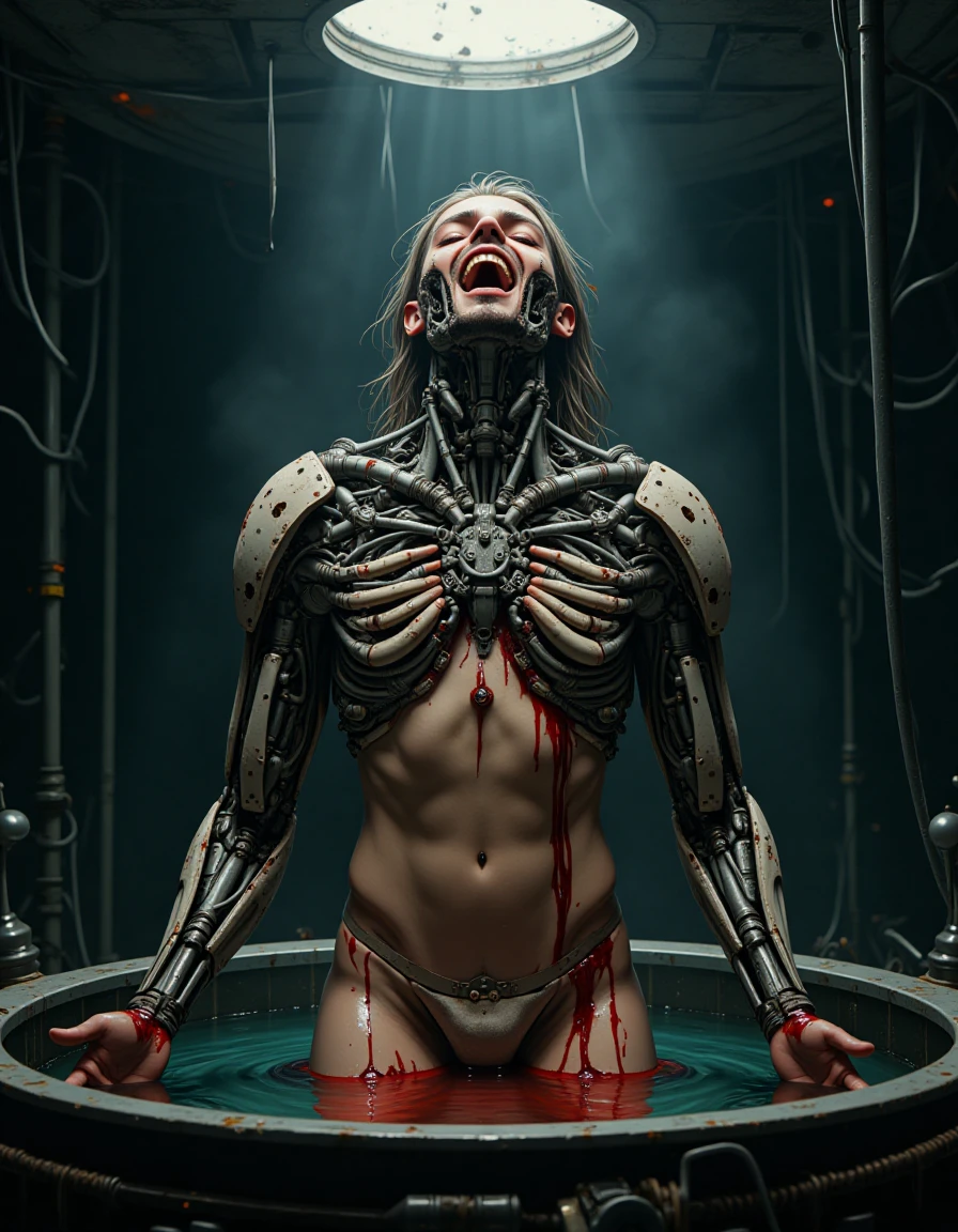 A naked man emerges from an experimental pool filled with an unknown liquid, his body heavily modified with mechanical components. His flesh has been replaced by intricate metal parts that interlock in a seamless manner, causing blood to seep out of the joints and crevices where the machinery meets his skin. The atmosphere is shrouded in a thin layer of mist, giving the scene an eerie and mysterious feel. The overall tone is dark and somber, with shadows cast by flickering lights illuminating the metallic surface of the pool and reflecting off the man's mechanical enhancements.

The composition of this picture is centered around the figure of the man rising from the pool, while the background fades into darkness, emphasizing his isolation and vulnerability. Its perspective structure is close-up, focusing on the intricate details of the mechanical modifications and the fluid dynamics in the pool.

This image captures the essence of cyberpunk aesthetics, blending human physiology with advanced technology to evoke a sense of dystopian futurism. The use of high-contrast lighting highlights the metallic elements against the darker backdrop, creating a stark visual contrast that underscores the man's state of transformation and existential struggle. The emotional expression conveys a mix of pain, resilience, and uncertainty, inviting viewers to ponder the moral implications of technological advancements on human identity.

Drawing inspiration from renowned cyberpunk artists such as Syd Mead and H.R. Giger, this artwork combines their distinct styles—Mead's sleek and futuristic designs with Giger's biomechanical horror—aesthetics to create a visually striking and thought-provoking piece that challenges the boundaries between humanity and machine.