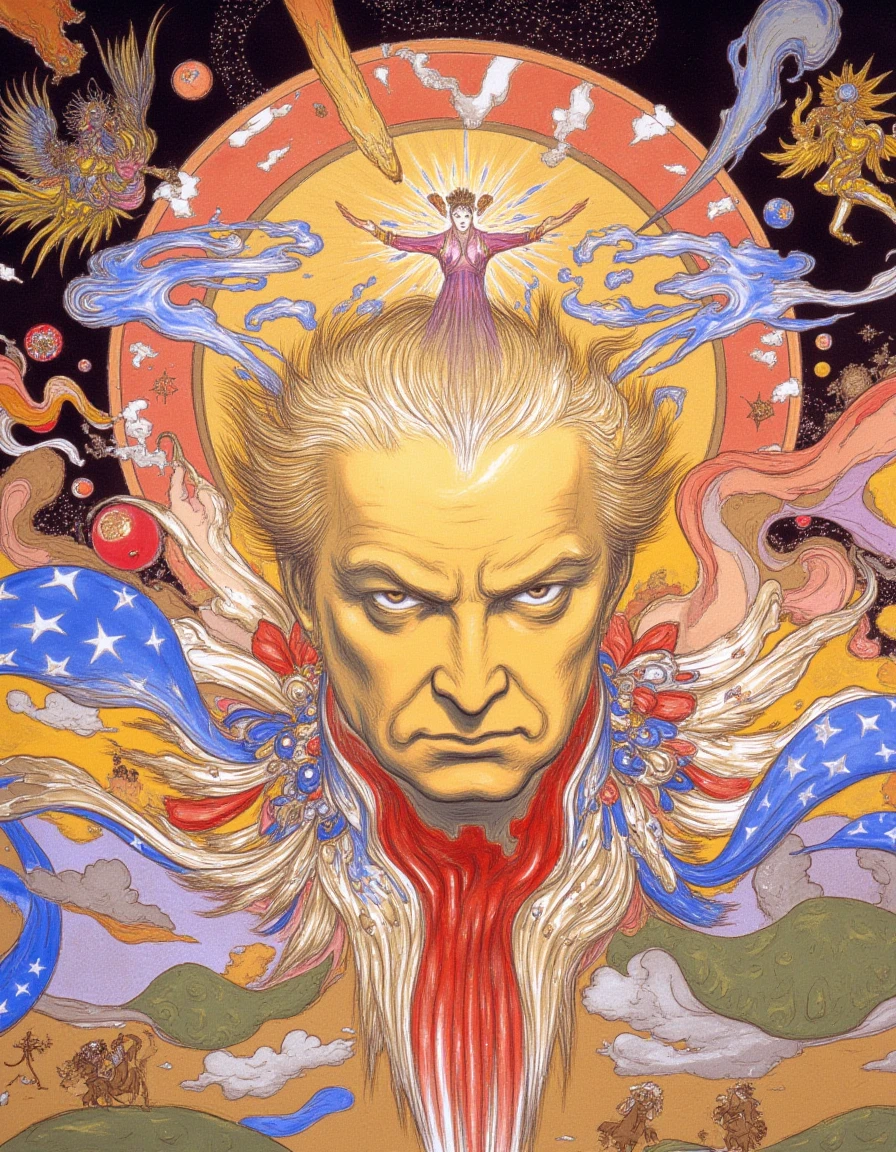 In this exquisite and intricately detailed traditional illustration, inspired by the renowned artist Yoshitaka Amano, a striking portrait of Donald Trump emerges, infused with vibrant energy. His expression is one of resolute confidence, eyes shimmering with determination, reminiscent of icons in grand portraits throughout history. The dynamic background billows with flowing patterns and colors inspired by the American flag, with rich reds, deep blues, and crisp whites swirling in a harmonious dance, evoking a sense of patriotic fervor.

The scene is a mesmerizing blend of Art Nouveau and Symbolism, where floral motifs and curvilinear forms weave together, capturing a dreamlike quality. Watercolor techniques imbue the image with a soft, fluid elegance, while elements reminiscent of fantasy and anime merge seamlessly, creating an otherworldly ambiance. Ethereal wisps of color drift through the atmosphere, suggesting surreal landscapes typical of Japanese woodblock prints, transporting the viewer into a realm where the boundaries of reality and imagination blur.

As the piece unfolds visually, fantastical elements emerge sporadically—a kaleidoscope of abstract shapes that pulsate with psychedelic colors, enhancing the portrait's depth. The warm, inviting glow of golden light envelops Trump, almost as if he is stepping out of the canvas, inviting engagement and contemplation. Each brushstroke captures the essence of fine art, drawing the viewer into an experience that is as much about the subject as it is about the vibrant interplay of themes and styles, culminating in a work that is captivating, immersive, and profoundly striking.