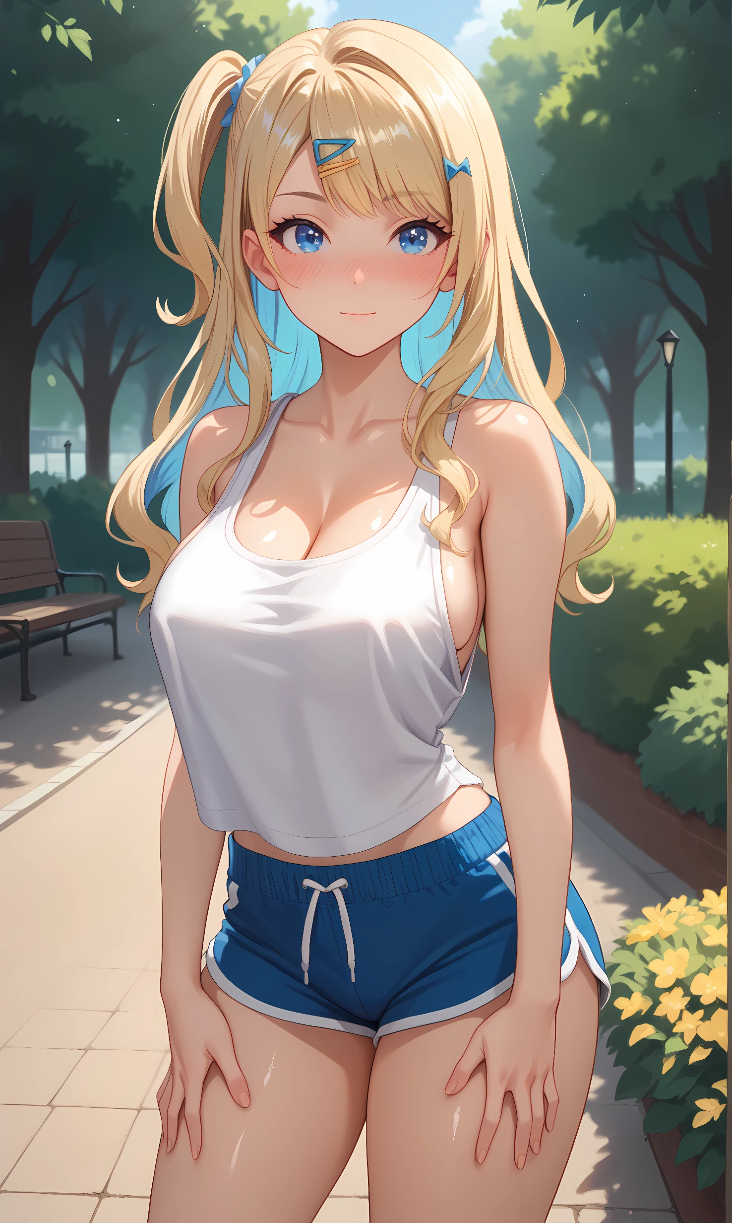 score_9, score_8_up, score_7_up, source_anime, 1girl, solo, outdoors, park, cowboy shot, standing, looking at viewer, shiny skin, shirakawa, blue eyes, blonde hair, one side up, two-tone hair, hairclip, ribbon, nose blush, white shirt, tank top, sideboob, cleavage, thin straps, oversized shirt, large gaps, dolphin shorts