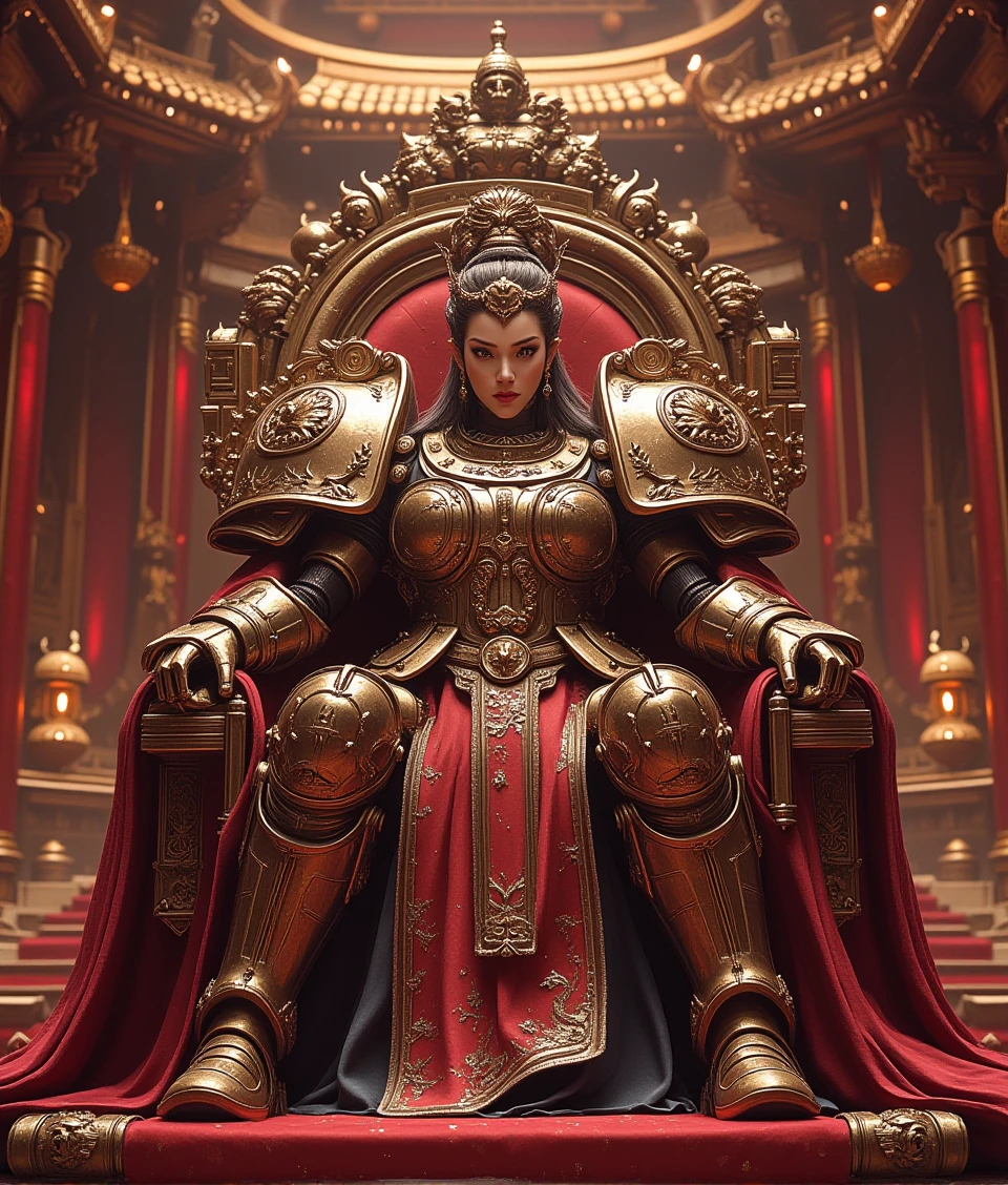 terran-style,a beautiful chinese queen sitting on a massive huge throne,who is power-armored,in a huge and magnificent palace