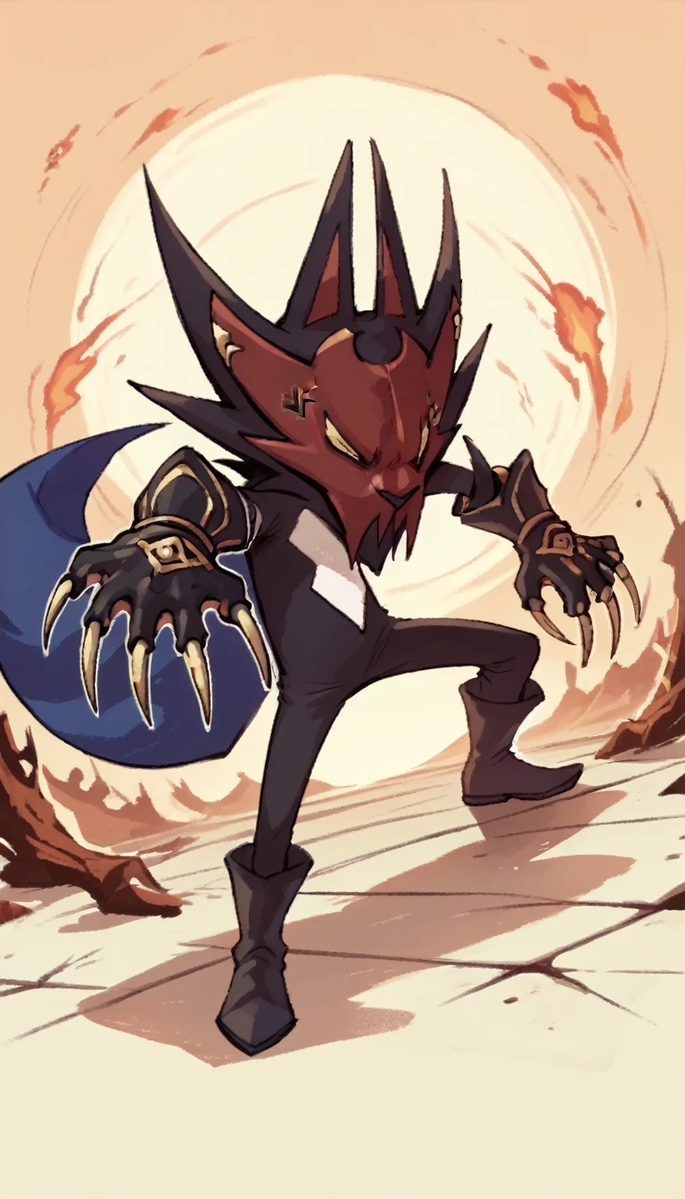 madfang ragewolf, dark blue cape, arms, high quality, hands, legs, boots, full body, background, highres, high resolution, solo, 1boy, action pose, claws, angry, narrowed eyes