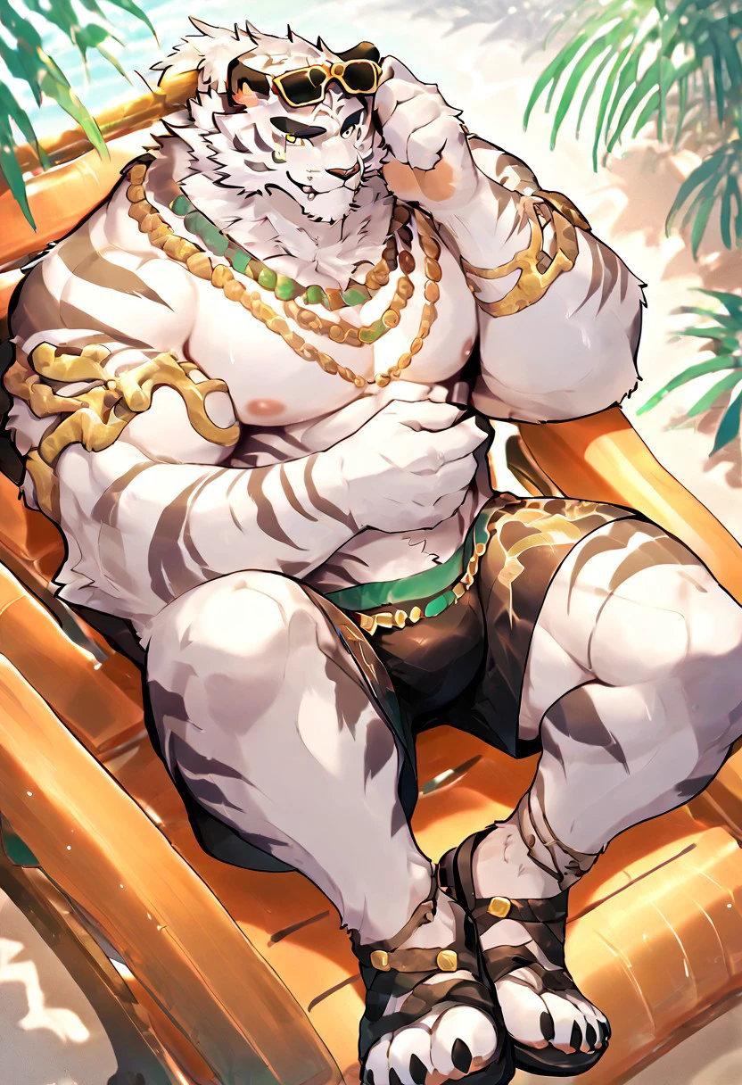 male, tiger, big pecs, big golden nipples, big thighs, shy, bara, albino, older male, golden body paint, opulent, sitting on throne, golden ornaments, gold accessories on horns, delicate, soft, serene expression, silk robes, oriental style, elaborate head piece, (translucent silk robes)