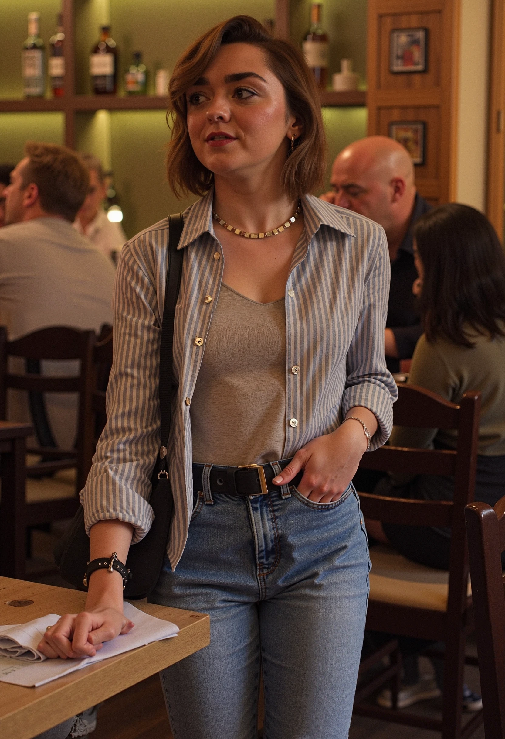 
maisiewilliams at a restaurant wearing a casual outfit