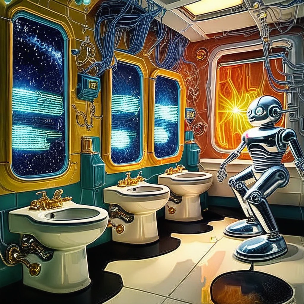 science fiction, space station, cybernetics, public toilets setting, many porcelain toilets, long line of toilets, sinks, mirrors, robot attendant, 60s style robot, gold, steel, silver, metallic