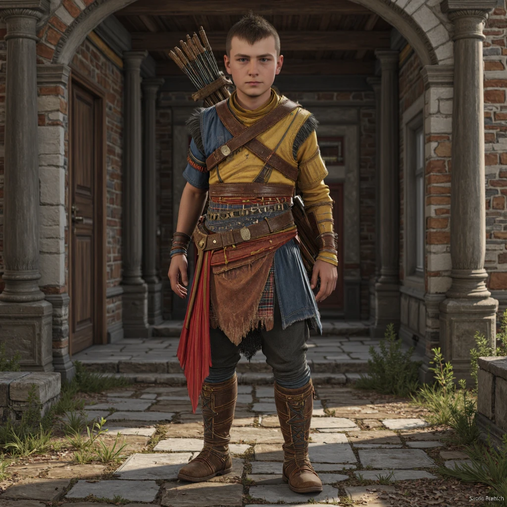 <lora:GoWRAtreusSingle-250:1>
GoWRAtreus, a 14 year old viking boy One-handed gainer full twist in a forgotten medical clinic location. The boy has blue eyes. He has a short brown buzzcut, with a little bit of a (mohawk:0.5) hairstyle. GoWRAtreus is wearing a yellow tunic with leather details. Belts and straps crossing his body. His waistcloth is red and blue. GoWRAtreus is wearing brown leather boots. His right arm is bare and has a tattoo. On his back hangs a longbow. GoWRAtreus expression is Stoic, Expressionless face with a neutral mouth and a neutral gaze.