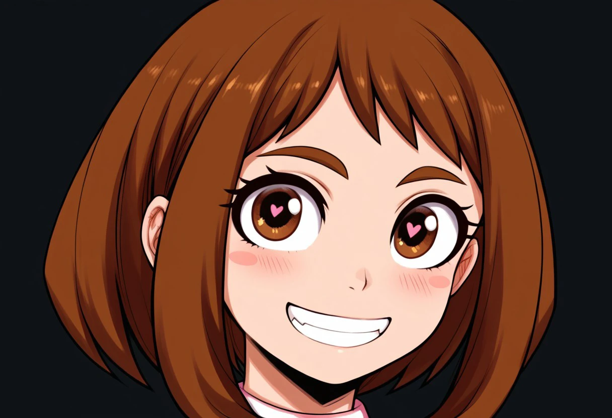 score_9, score_8_up, score_7_up, Expressiveh, masterpiece, best quality, highly detailed, realistic, (zPDXL3), 1girl, solo, (ochako uraraka, brown eyes, brown hair, short hair, blush, blush stickers, wide eyes, heart-shaped pupils) (face only, close-up, looking at viewer), (GSAGO, fang, closed mouth, smile, grin, front view, peace sign) black background, simple background, uncensored