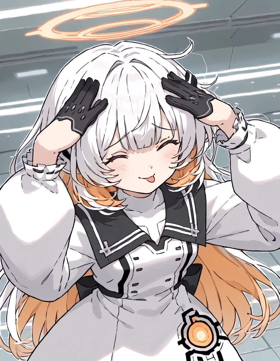 <lora:Chesed:0.8> chesedgijinka, 1girl, solo, halo, white hair, multicolored hair, orange hair, puffy long sleeves, dress
 <lora:AhEtoBlehMeme_pdxl_Incrs_v1:1> AhEtoBlehMeme, closed eyes, tongue out, :p, hands on own head, smile