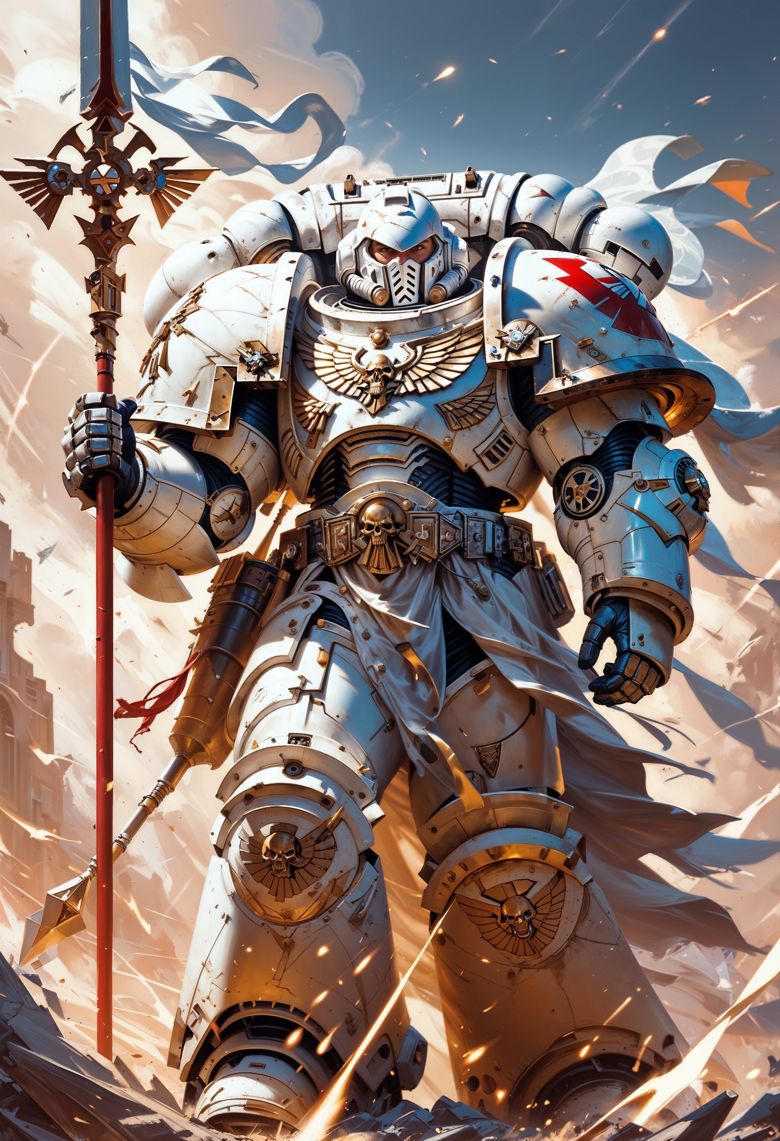 (score_9, score_8_up), score_7_up,  <lora:PonyWhiteS40K:0.8> WhiteS40k, mid shot, white power armor, highly detailed helmet, holding a spear