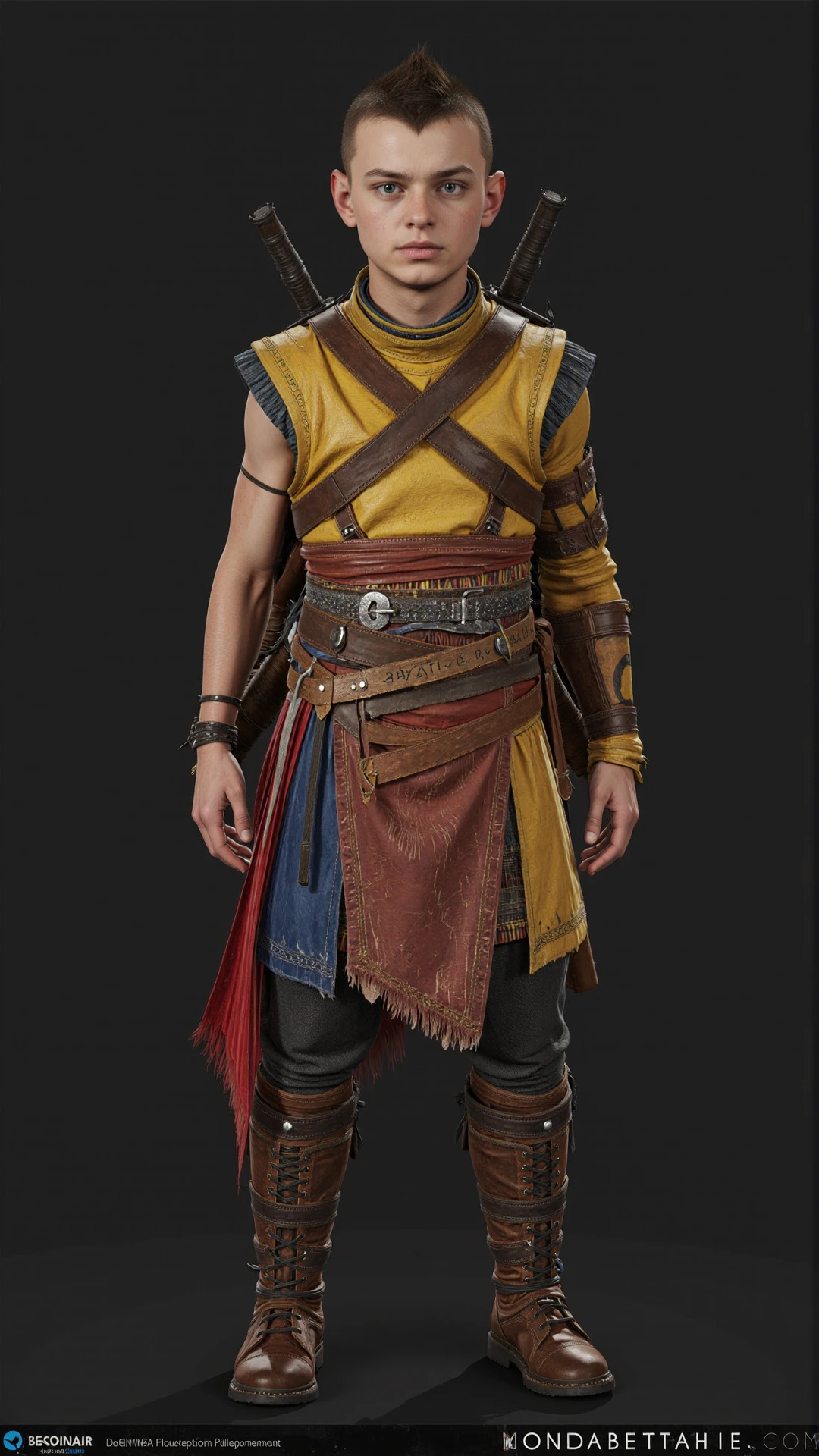 <lora:GoWRAtreusSingle:1>Front layout, (viewed from the side:2) in a holographic entertainment arena, immersive simulations, interactive performances, mind-bending spectacles location
GoWRAtreus boy with blue eyes and short brown buzzcut. Wearing a yellow tunic with asmmetric leather details belts and straps crossing his body. His waistcloth is red and blue. Brown leather boots. Runic tattoo on his asymmetric sleeveless right arm. GoWRAtreus expression is Sad, downturned mouth, drooping eyelids, and furrowed brow.