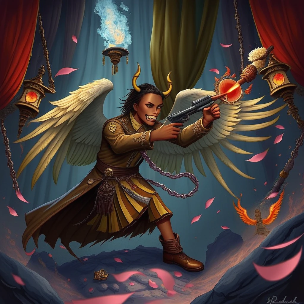 brown footwear, dark skin, holding weapon, petals, company name, dark-skinned male, magic, lantern, fake horns, teeth, handgun, rock, fangs, pleated skirt, chain, makeup, fire, plume, jewelry, curtains, sheathed, holding flower, feathered wings