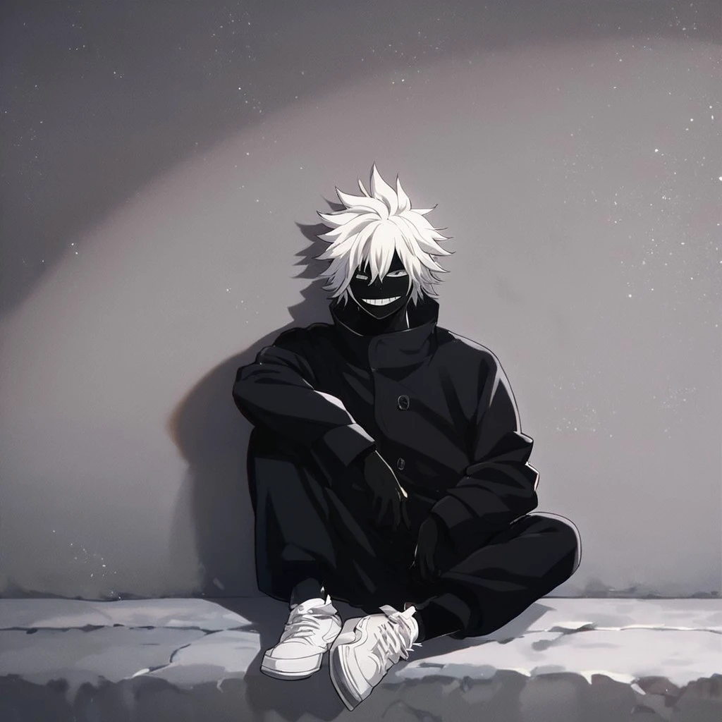 (masterpiece), score_9, score_8_up, score_7_up, score_6_up, score_5_up, score_4_up, 1boy, solo, Shihai Kuroiro, white hair, grey eyes, black skin, black jacket, black pants, white shoes, grin, sitting