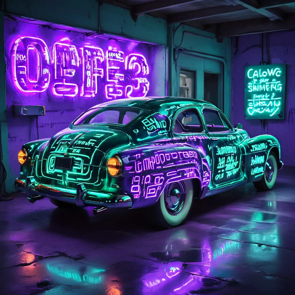 a high-resolution photograph focusing on a close-up of an old, vintage car's body, capturing a futuristic, neon-lit aesthetic. The car is parked in a dimly lit, retro-futuristic garage, illuminated by ambient blue and purple lights. The weathered surface of the car is completely covered in glowing ancient text, with the script radiating vibrant green, orange, and cyan neon hues. The glowing letters wrap around the carâs curves, merging the classic design with an otherworldly, futuristic touch. The reflections of the neon text shimmer across the polished chrome and windows, creating a visually striking contrast between the aged, rustic car and the vibrant, futuristic glow,
 <lora:glowing_letters_xl:0.8>