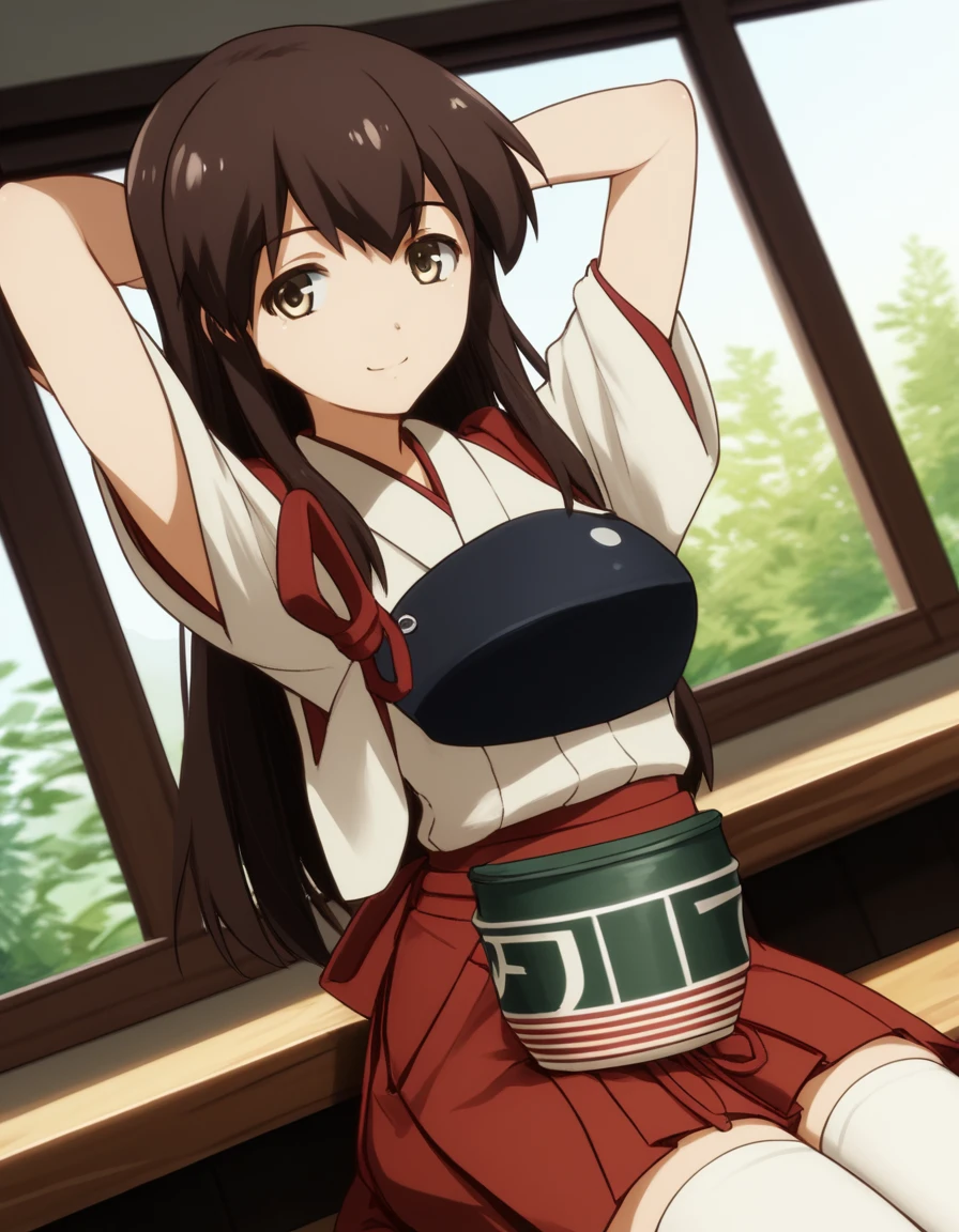 score_9, score_8_up, score_7_up, source_anime, <lora:kancolle-akagi-s1-ponyxl-lora-nochekaiser:1>, akagi, long hair, brown hair, brown eyes, akagi (kancolle), medium breasts,, skirt, thighhighs, japanese clothes, white thighhighs, zettai ryouiki, hakama, hakama skirt, muneate, tasuki,, cafe, coffee cup, barista, sitting down, talking, relaxing, sunlight through window, , looking at viewer, hands behind head, smile,, solo,, cowboy shot, dutch angle