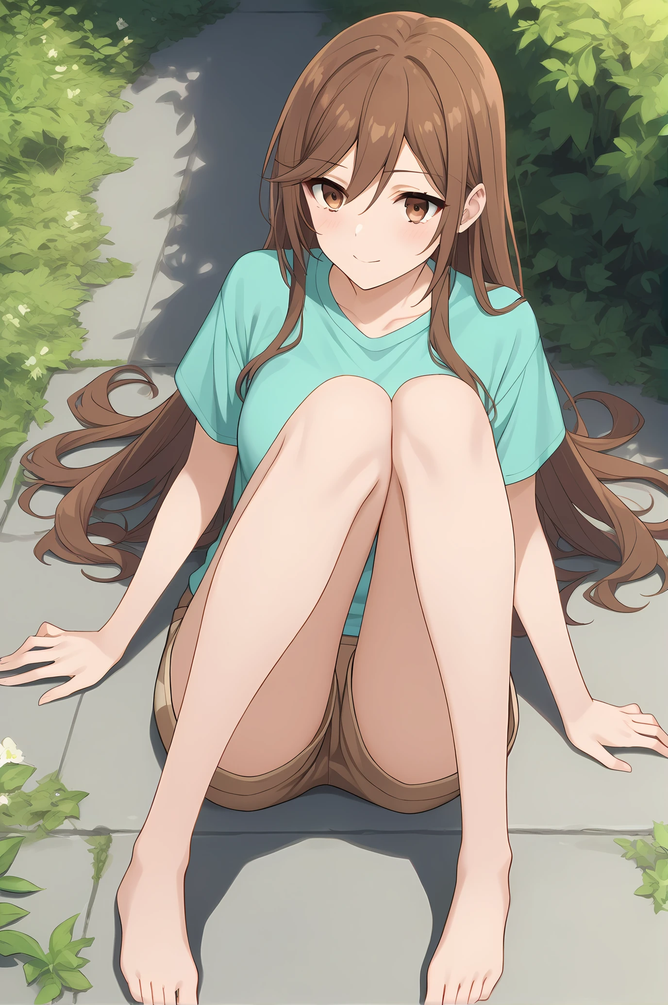 (aqua shirt brown shorts), hm-hori, brown hair, brown eyes, medium breasts, 1girl, solo, skinny, score_9, score_8_up, score_8, score_7_up, score_7, score_6_up, score_6, score_5_up, score_5, source_anime, lewd, , (1.3::full body|sitting|standing|lying|straight-on|0.6::close-up| :1.20), feet, <lora:hm-hori-V01-000003:0.60>, long hair