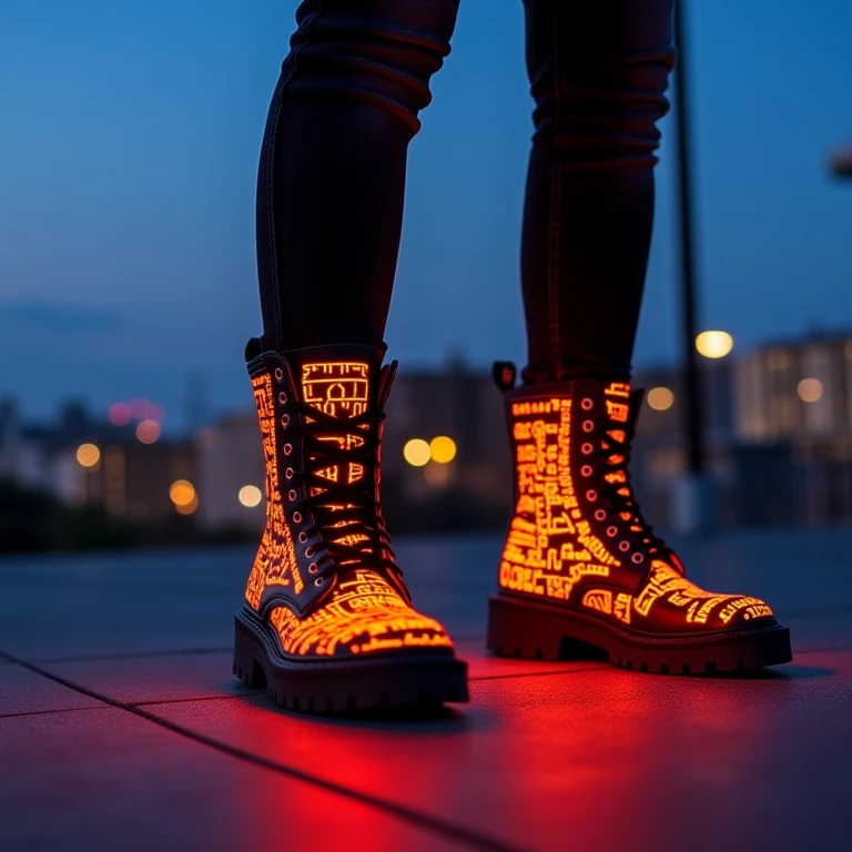 masterpice,high resolution,This photograph captures a close-up view of a person standing in an urban environment at dusk. The subject is wearing striking, glowing neon boots. The boots are predominantly black but feature intricate, glowing neon orange ancient text patterns that create a striking contrast against the darkening evening sky. The patterns appear to be abstract, with various shapes and lines that are ancient text like forming a visually dynamic design. The person's legs are clad in dark jeans, and they're standing on a smooth, gray pavement.,
 <lora:glowing_text_flux:0.8>