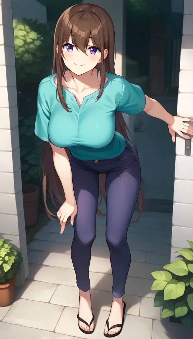 score_9,score_8_up,score_7_up,score_6_up BREAK official art,1girl,solo,outdoors,cowboy shot,looking at viewer,facing viewer,smile,blush,Steve,brown hair,very long hair,hair between eyes,bangs,purple eyes,collarbone,aqua shirt,t-shirt,short sleeves,large breasts,jeans,purple pants,flip-flops,black footwear,<lora:Steve(Bubble Planet)-Pony:1.6>,