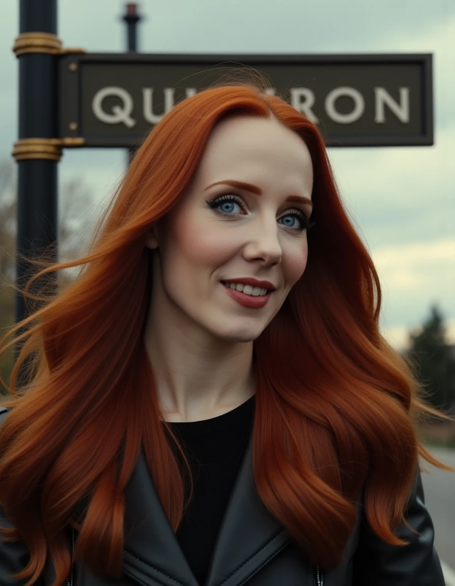 cinematic film still  <lora:SimoneSimonsQuiron_FLUX-000001:1.2> SimoneSimonsQuiron,  a close up of  a woman with long red hair and blue eyes,  smiling   Single-leg hop: Hopping on one foot forward or laterally. , signpost  write "Quiron" on background,       . shallow depth of field, vignette, highly detailed, high budget, bokeh, cinemascope, moody, epic, gorgeous, film grain, grainy