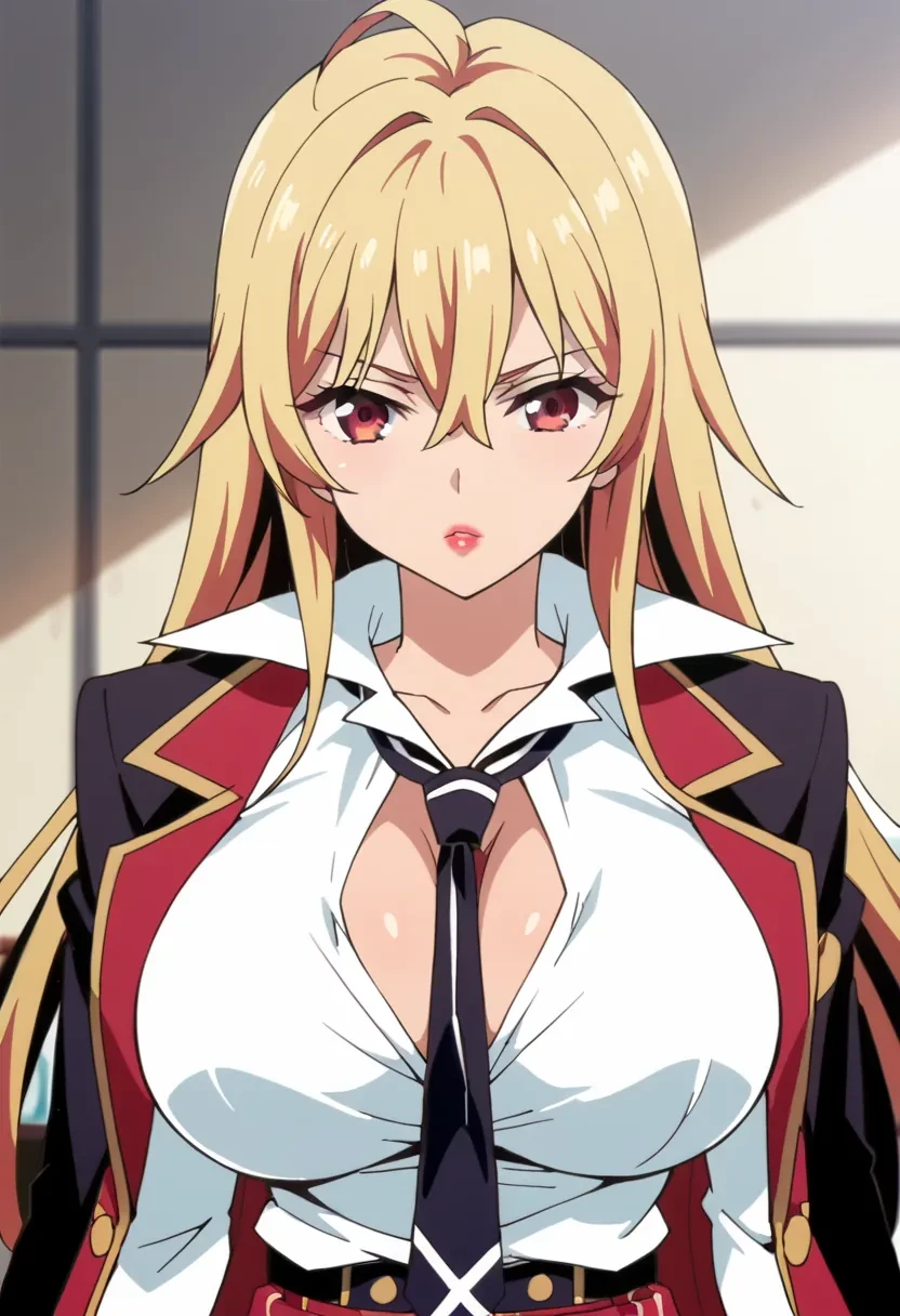 score_9, score_8_up, score_7_up, score_6_up,
source_anime, masterpiece, anime screencap,

1girl, solo,

Shikishima Mirei, red eyes, blonde hair, long hair, large breasts, lipstick,
red skirt, necktie between breasts, open clothes, white shirt,