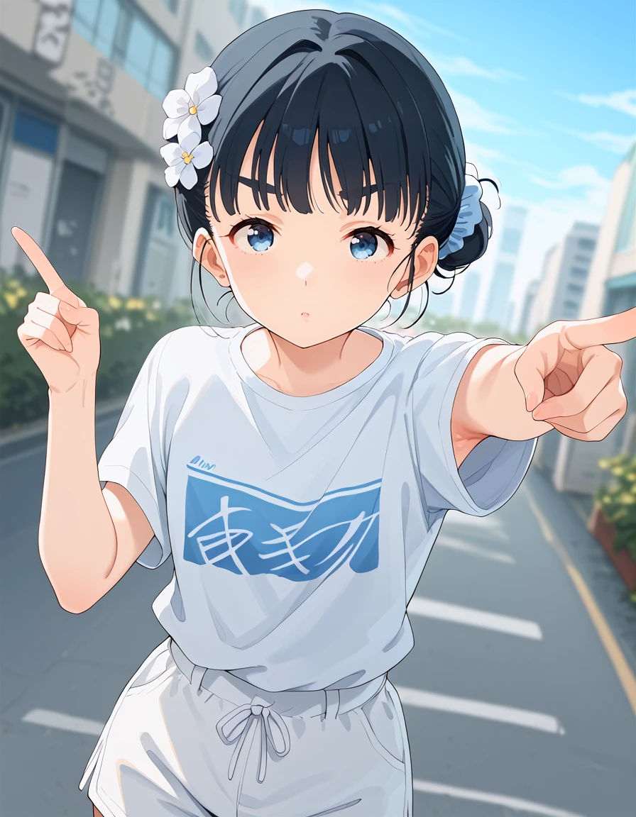 score_9, score_8_up, score_7_up, source_anime,
1girl, looking at viewer, solo, blurry background, pointing at viewer, dutch angle, blue sky, street, skyscraper,
<lora:tiara_basori_anime_v2-soralz:1>, tiara basori, black hair, short hair, hair bun, (thick eyebrows:0.6), blue eyes, blue hair scrunchie, (flower hair ornament:1.3),
blue t-shirt, flower print, white shorts, hairpin, armpit peek,