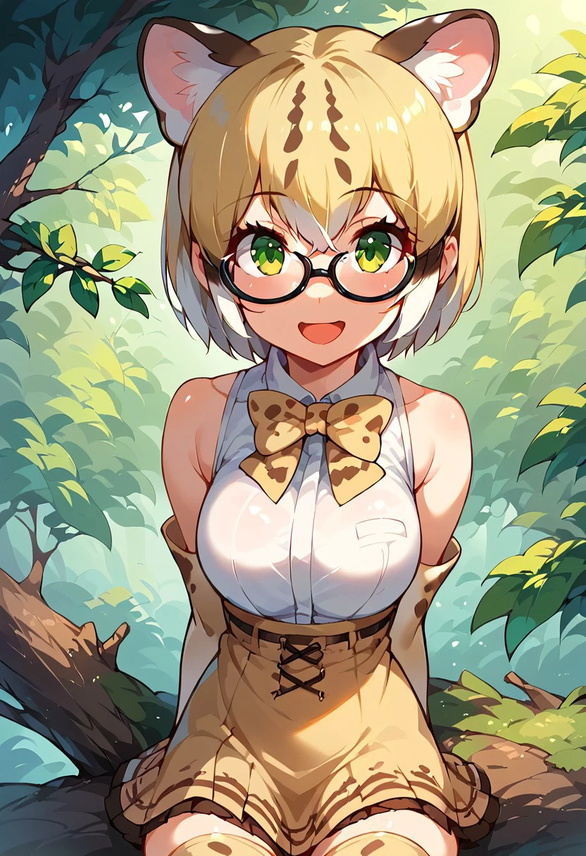 1girl, ((solo)), best quality, ultra-detailed, extremely detailed, perfect anatomy, masterpiece, score_9, score_8_up, score_7_up, margay (kemono friends), animal ears, animal ear fluff, tail, short hair, multicolored hair, blonde hair, green eyes, glasses, black-framed eyewear, bowtie, bare shoulders, sleeveless shirt, white shirt, skirt, thighhighs, elbow gloves, print gloves, print bow, print skirt, print legwear, open mouth smile, happy, looking at viewer, hands at sides, cute, outdoors, in a forest canopy, wilderness, in the treetops, sitting, sitting on tree branch, dutch angle, portrait shot,