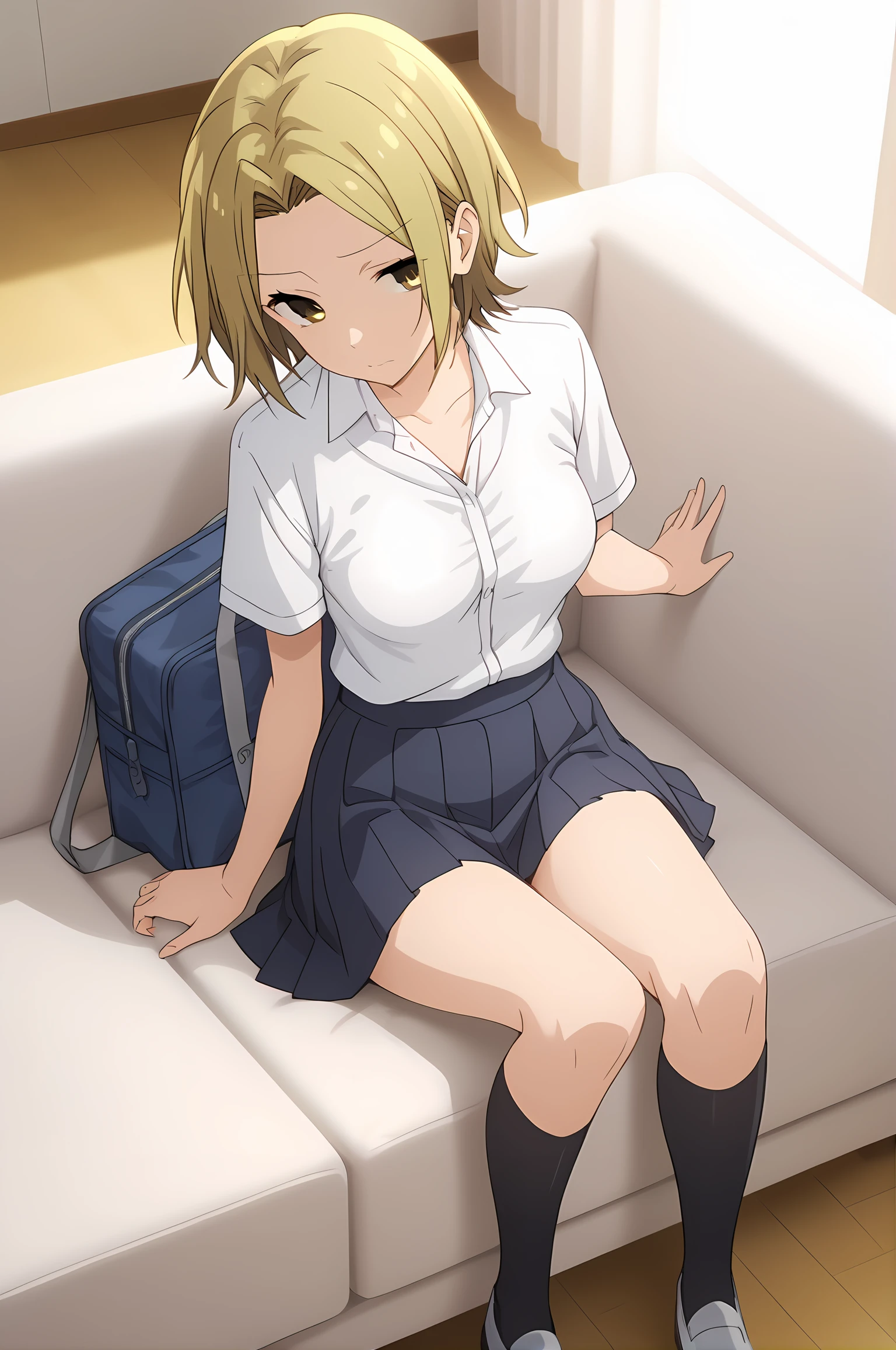 (school uniform skirt white shirt black socks uwabaki), hm-yoshikawa, blonde hair, short hair, parted bangs, yellow eyes, medium breasts, 1girl, solo, skinny, score_9, score_8_up, score_7_up, score_6_up, score_5_up, source_anime, lewd, living room, (1.3::full body|sitting|standing|lying|0.6::close-up| :1.20), , <lora:hm-yoshikawa-V01-000003:0.90>