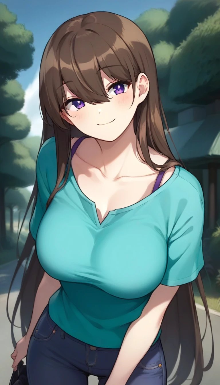 score_9,score_8_up,score_7_up,score_6_up BREAK official art,1girl,solo,outdoors,upper body,(portrait:1.5),looking at viewer,facing viewer,smile,blush,Steve,brown hair,very long hair,hair between eyes,bangs,purple eyes,collarbone,aqua shirt,t-shirt,short sleeves,large breasts,jeans,purple pants,flip-flops,black footwear,<lora:Steve(Bubble Planet)-Pony:1.6>,