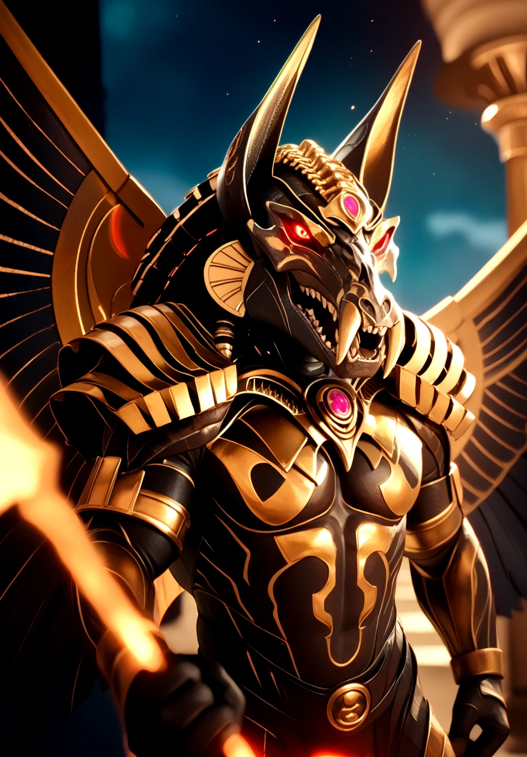 score_9, score_8_up, score_7_up,
<lora:Set_(Gods_of_Egypt)_(Pony)_(AD):1> Set, Gods of Egypt, muscular, robot, mecha, glowing red eyes, enhanced body, forge, palace, glowing hot metal body, wings, 
8K, In'ei, chiaroscuro, depth of field, side lighting, clear_eyes, 
dynamic action pose, , detailed anime background, night, photographic realism, evil, villain, 
BREAK zPDXL, zPDXLxxx,