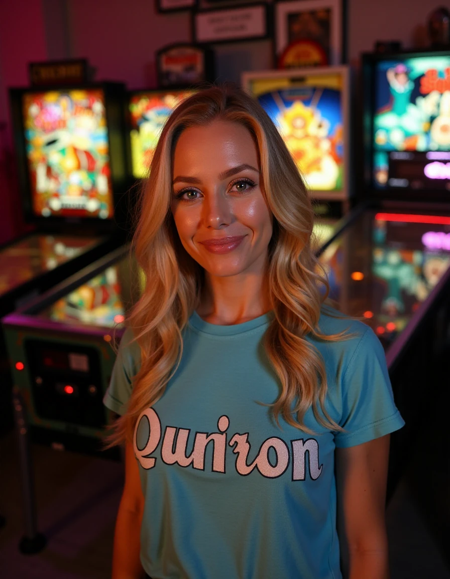 <lora:NicoleAnistonQuiron_FLUX:1.4>  NicoleAnistonQuiron, a blonde woman with blue eyes, smiling  ,   , the inscription "Quiron" on clothes,     80s style Arcade Parlor, Dimly lit, with rows of pinball machines, air hockey tables, and the constant clinking of quarters,  photo by william klein,