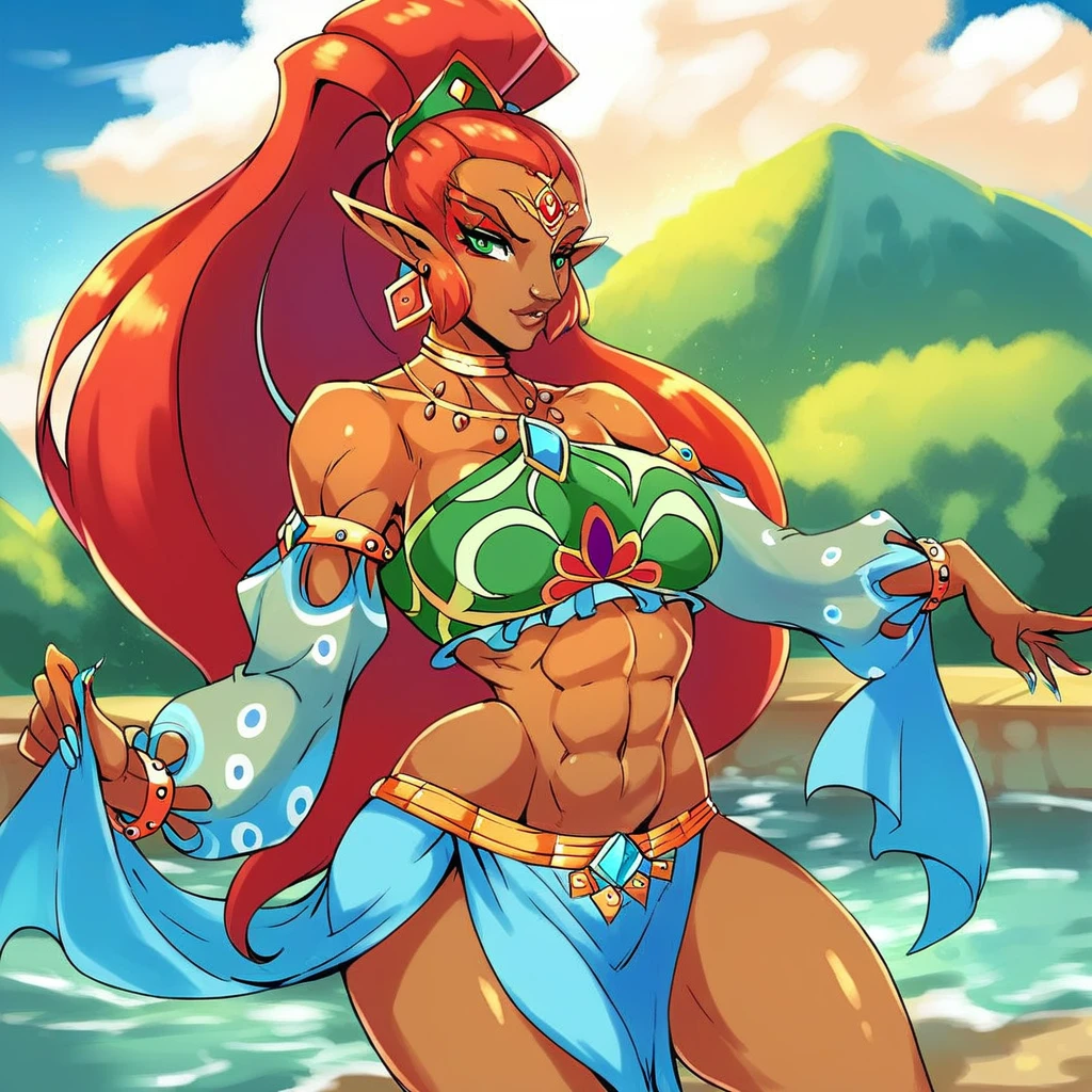 Creak_Style, River, air, jewelry, blue lips, 1 girl, Alone, Red hair, wide, green eyes, dark skinned woman, pointy ears,
looking at the viewer, cowboy shot, desert, lightning, , NSFW, hot , pussy, hairy Pussy, nipples, open legs, latex, armpits, sweat en armpits , armpit, armspits, sweat , is, small is, skinny is, rear, mastirbation, Ahegao