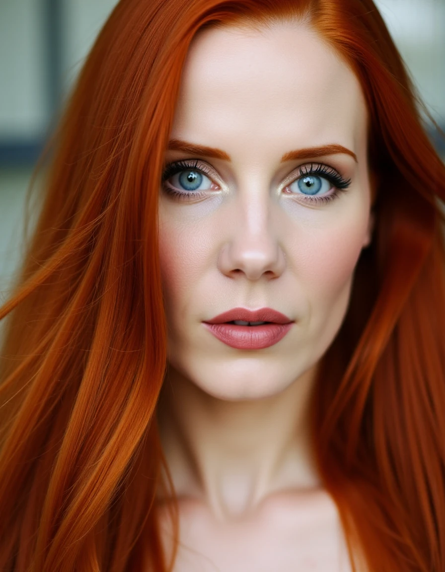 <lora:SimoneSimonsQuiron_FLUX-000001:1.2> SimoneSimonsQuiron,  a close up of  a woman with long red hair and blue eyes,    Step-up: Stepping onto an elevated surface using one leg at a time. , text  "QUIRON" in bold ,