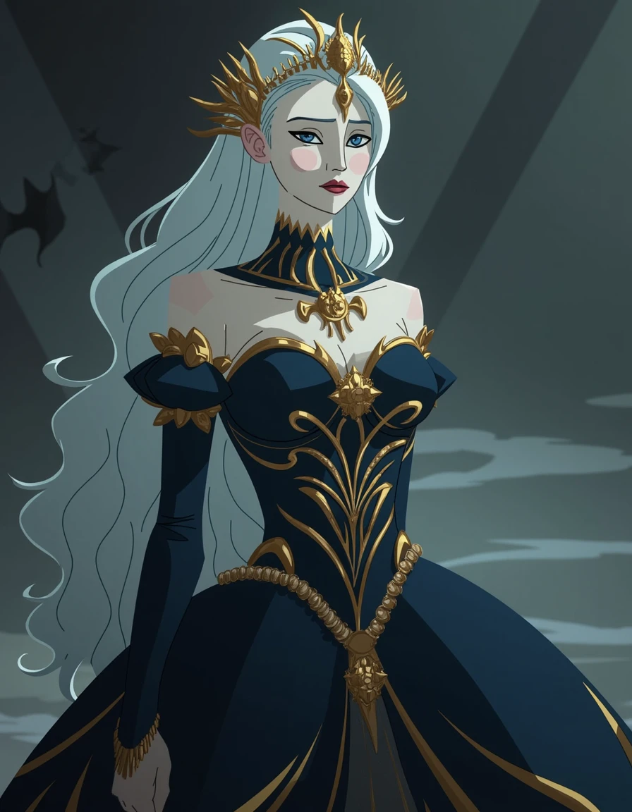 Using deep blue, gold and black colors create a sexy pale white goth girlShe wear an intricate dress with gold. She is wearing a spider crown  <lora:tw1l1g0dsstyl3v4:1> tw1l1g0dsstyl3