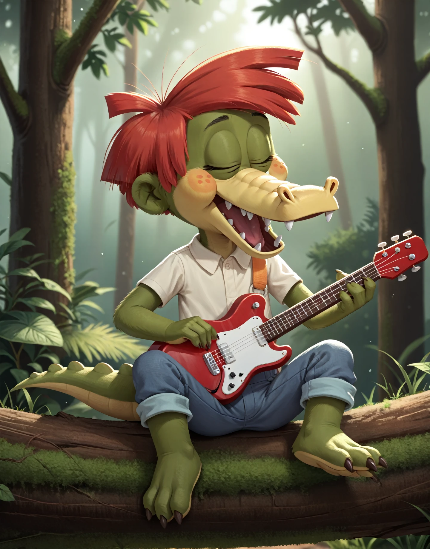 <lora:ArloXL-000070:1>  male, Arlo beauregard, cute, alligator, scalie, black eyes, detailed scales, red hair, young, solo, freckles, green body, toony, sitting on a tree branch, playing a banjo guitar, musical instrument, overalls, yellow shirt, orange strap, closed eyes, open mouth, facing up, raised hand, stretched legs, BREAK masterpiece, best quality, score_9_up,score_8_up,score_7_up,score_6_up,score_5_up,score_4_up, source_furry, highly detailed, detailed background, absurdres, cinematic lighting, high resolution, 8K, perfect hands, highres, <lora:spo_sdxl_10ep_4k-data_lora_webui:2> <lora:Hyper-SDXL-2steps-lora:1>