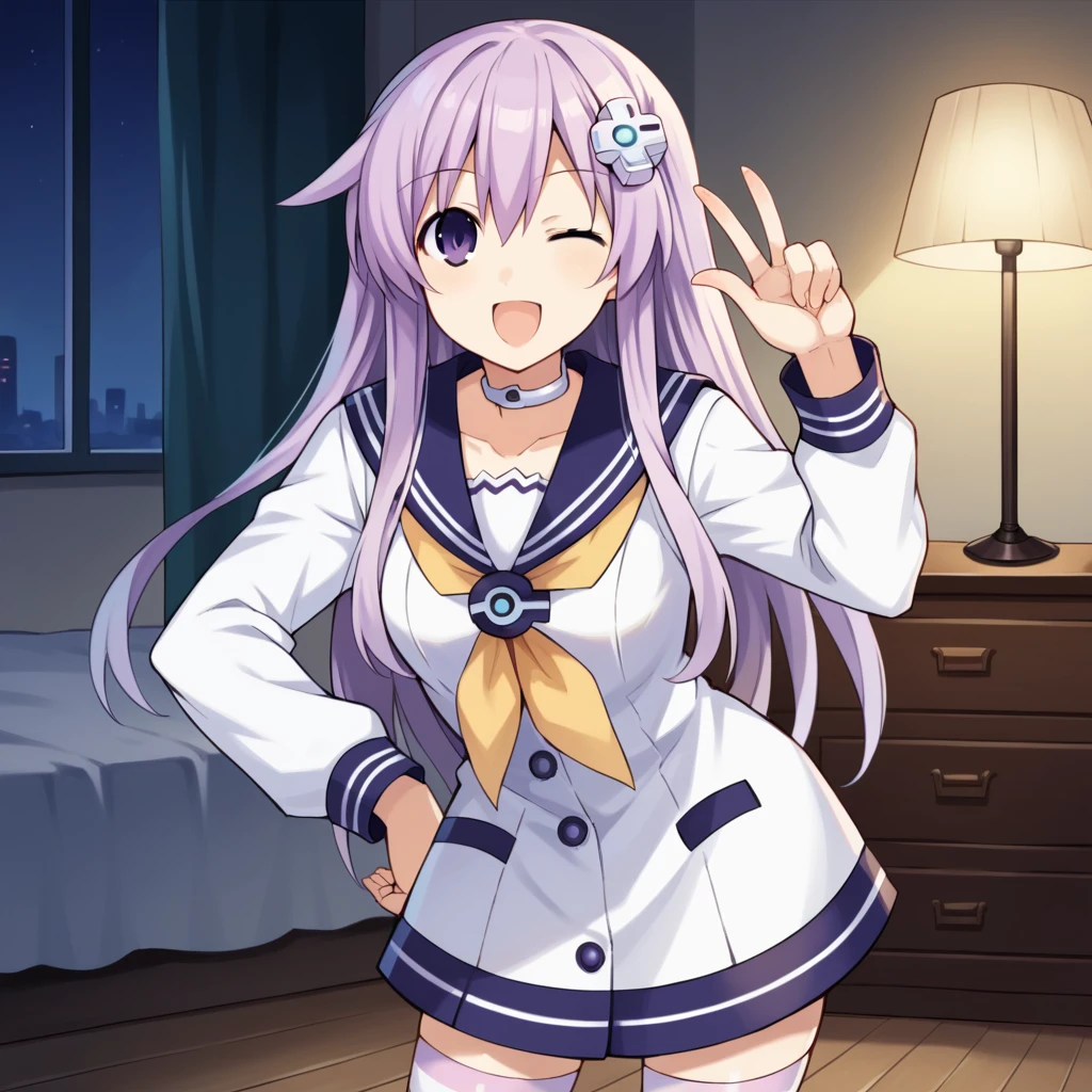 score_9_up, score_8_up, score_7_up, source_anime, 1girl, solo, NepG, Nep_Def, night time, dimmed light, lamp, bedroom interior, standing, looking at you, hand in hair, mischievous smile, index finger up, hand on hip, open mouth, wink, leaning forward, nepgear, long hair, purple hair, purple eyes, d-pad hair ornament, white dress, sailor dress, yellow neckerchief, striped thighhighs, sailor collar, long sleeves, choker, mature body, dynamic cowboy shot, indoors, bedroom background