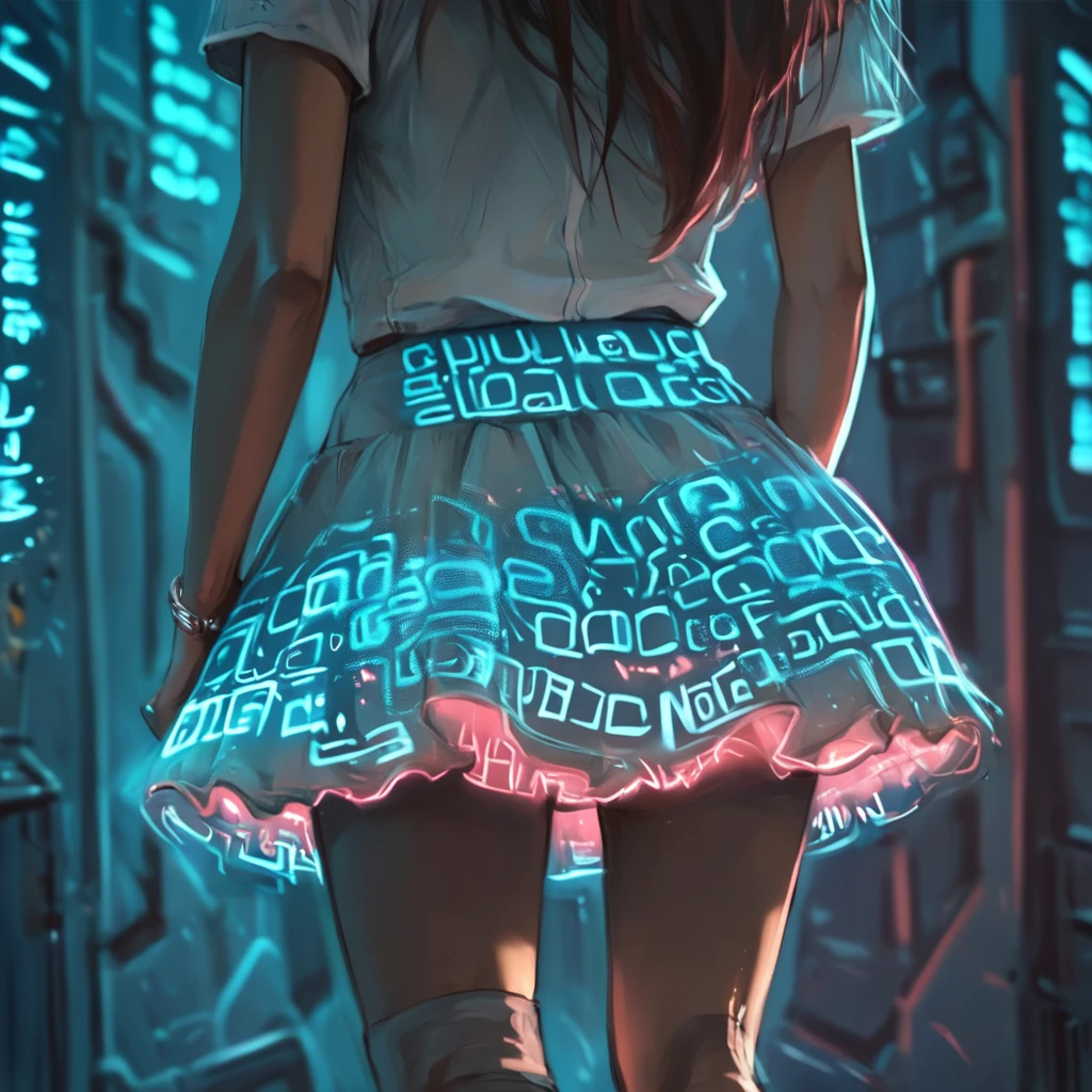 score_9,score_8_up,score_7_up,
The image is a digital illustration in a futuristic, neon-lit style. The scene features a person from behind, focusing on their lower body and legs. The subject is a woman with a medium to light skin tone, dressed in a white, short, frilly skirt that glows with ethereal blue neon lights. The skirt is adorned with glowing, intricate patterns of text and symbols, resembling a futuristic, glowing circuit board or code.
 ,<lora:glowing_letters-6_pony:0.8>,