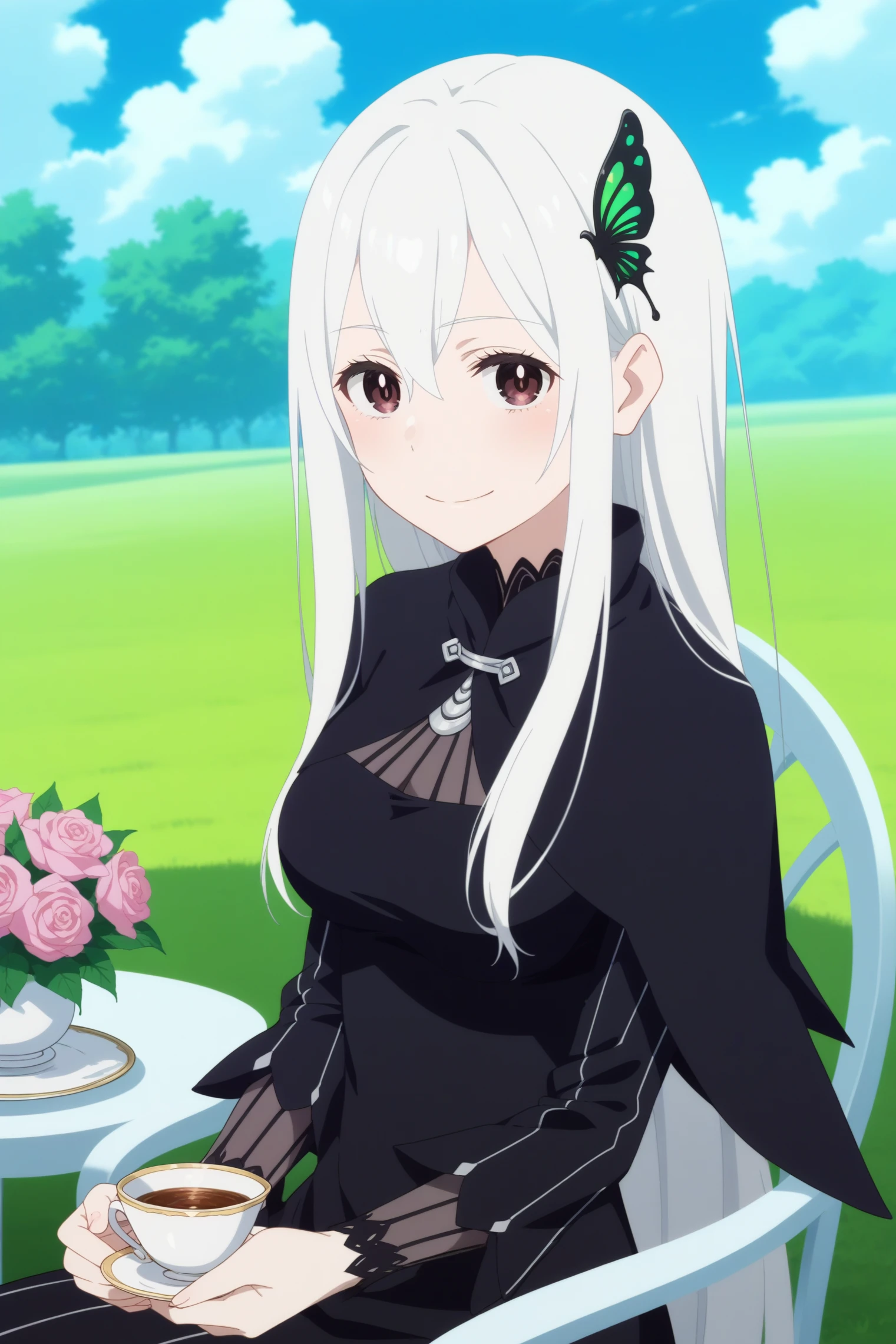 1girl,solo,echidna,long hair,hair ornament,butterfly hair ornament,colored eyelashe,hair between eyes,capelet,dress,black dress,breasts,flower,roses,outdoors,grass,blue sky,cloud,smile,lot of roses,looking at viewer,dutch angle,upper body,chair,white chair,holding teacup,teacup,good_hands 