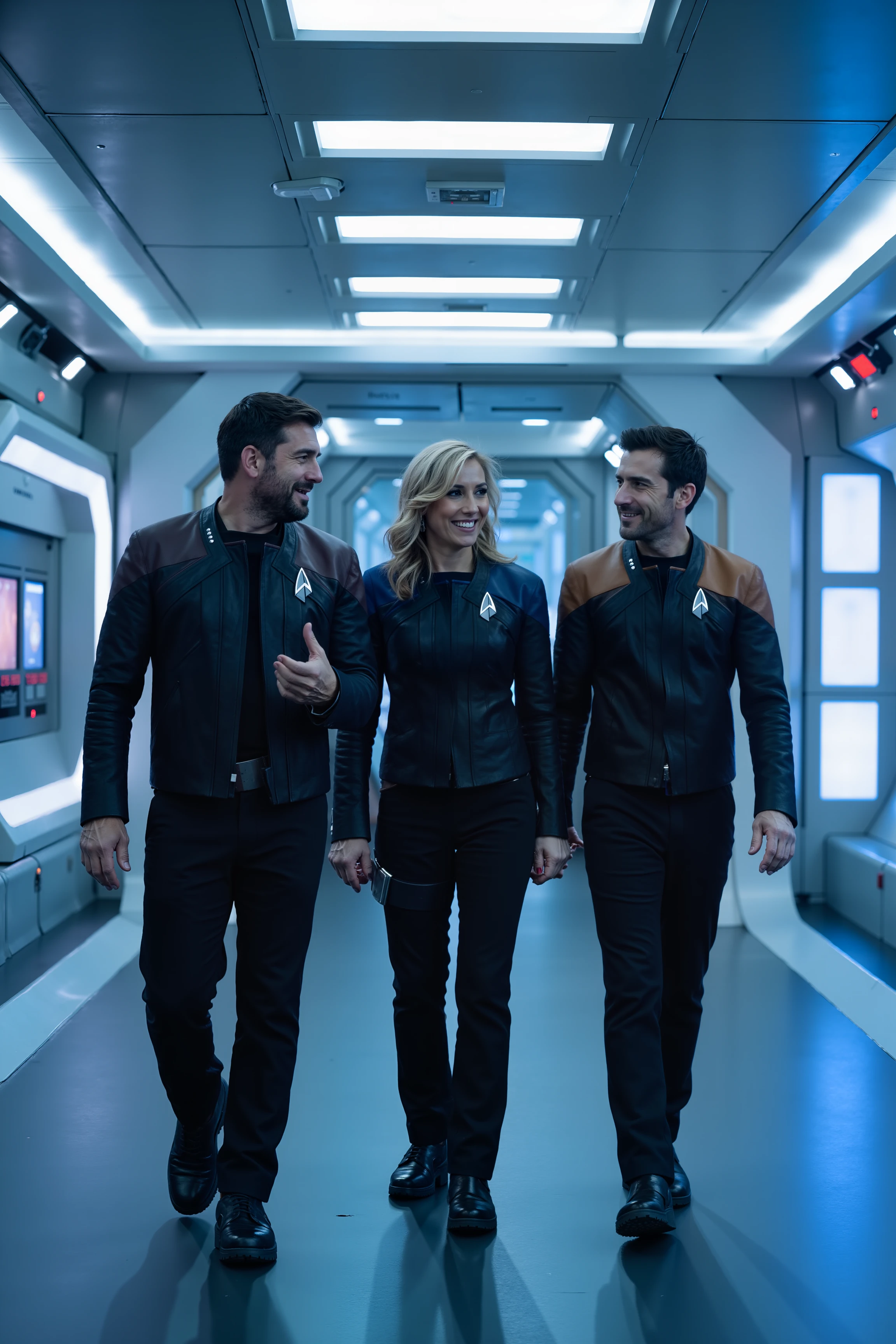 A high-quality bright photo capturing three people in PCD jacket with red shoulders, PCD jacket with blue shoulders, and PCD jacket with yellow shoulders walking together through a sleek starship corridor. The corridor is illuminated by soft, futuristic lighting with glowing panels and high-tech control stations lining the walls. The individuals, each dressed in their respective uniforms, are engaged in animated conversation, exuding camaraderie and teamwork. The red-uniformed person, with a confident stride, gestures as they speak, while the blue-uniformed person listens intently, smiling with enthusiasm. The person in yellow, slightly ahead, glances back with a friendly expression. The uniforms are impeccably detailed, with their respective colors and insignias clearly visible. The corridorâs futuristic design features metallic surfaces, sleek lines, and subtle holographic displays, creating a dynamic and immersive setting. The photo captures the essence of adventure and collaboration aboard a starship.<lora:PCD_JCK_FLUX:1.1>