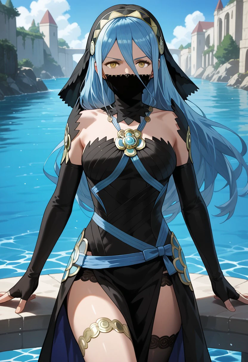 score_9,score_8_up,score_7_up,source_anime,azura (fire emblem),1girl,solo,breasts,looking at viewer,gloves,dress,jewelry,bare shoulders,elbow gloves,fingerless gloves,necklace,water,black dress,veil,uneven legwear,single leg pantyhose,mouth veil,