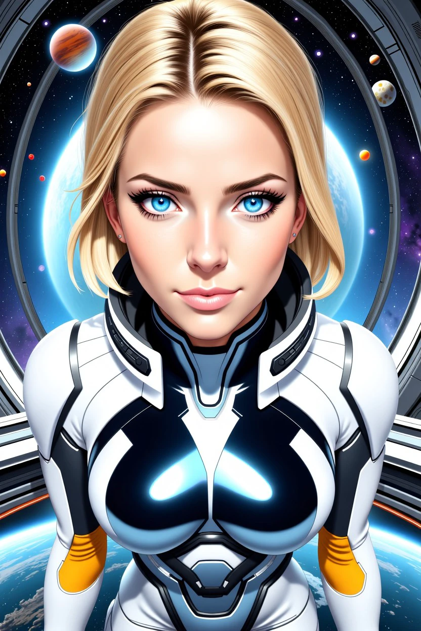 absclrstl style, close up of A female fighter in a sleek futuristic suit, standing on a platform overlooking a bustling space station, with stars and distant planets visible through the massive windows., detailed face, facing viewer, beautiful eyes,
<lora:flux_consistent_babes_v3.1:1.0>