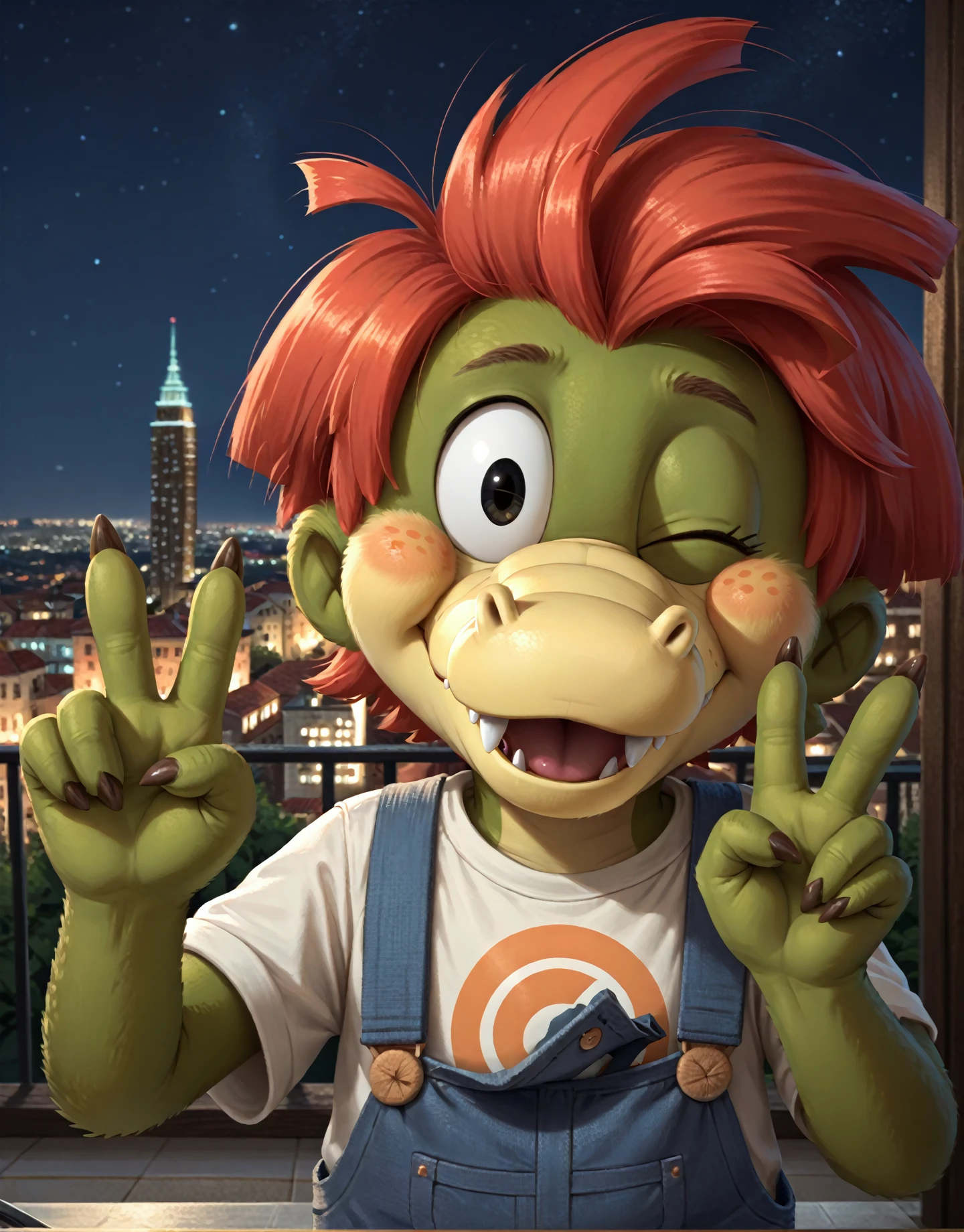 <lora:ArloXL-000070:1>  male, Arlo beauregard, cute, alligator, scalie, black eyes, detailed scales, red hair, young, solo, freckles, green body, night, toony, selfie portrait, peace gesture, wink, ultra_wide_angle, on NYC, city landscape, soft smile, mouth closed, overalls, yellow shirt, orange strap, BREAK masterpiece, best quality, score_9_up,score_8_up,score_7_up,score_6_up,score_5_up,score_4_up, source_furry, highly detailed, detailed background, absurdres, cinematic lighting, high resolution, 8K, perfect hands, highres, <lora:spo_sdxl_10ep_4k-data_lora_webui:2> <lora:Hyper-SDXL-2steps-lora:1>