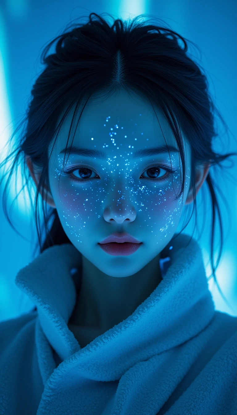 Create a symmetric portrait of a young female evil frozen necromancer. Her figure dissolves into thin, luminescent blue lines of frozen magic. Weighted Voronoi stippling and laser caustics form a network, transitioning from hyperrealistic details to abstract, quantum-inspired forms. Ethereal hues blend, evoking a sense of existential transition and mystery. Focus closely on her face, with an evil skull partially visible. The backdrop features a twilight arctic scene, with icy winds rippling through her tattered robes. The scene should be rendered in a fusion of photorealism and digital surrealism, illuminated by ghostly Northern Lights. Emphasize a cold, menacing atmosphere, with a -like quality and exquisite details.