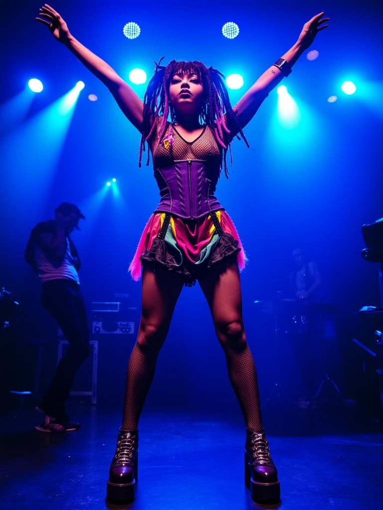 A darkened nightclub pulsates with electric blue lights as a cyber goth girl with vibrant dreadlocks and a kaleidoscope of colors on her clothing takes center stage. Her black fishnet top and purple corset glisten under the strobe lights as she moves to the rhythm, her legs outstretched in a dynamic pose.