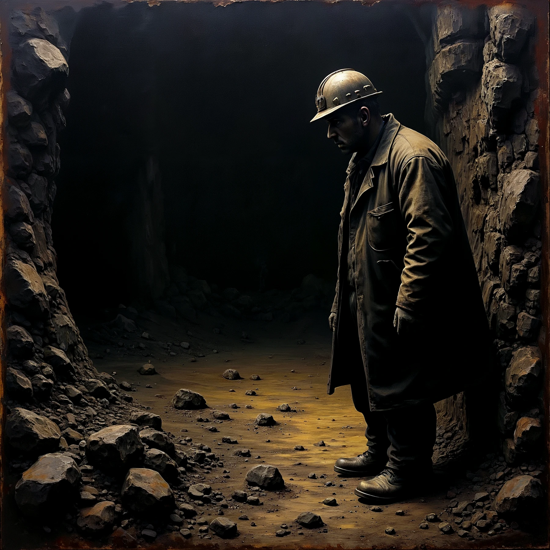 A bleak painting of a miner in a Welsh coal mine.

<lora:Rembranksy01_CE_SDXL_64x32x120x2bOT:1> rmbrnksyCE style