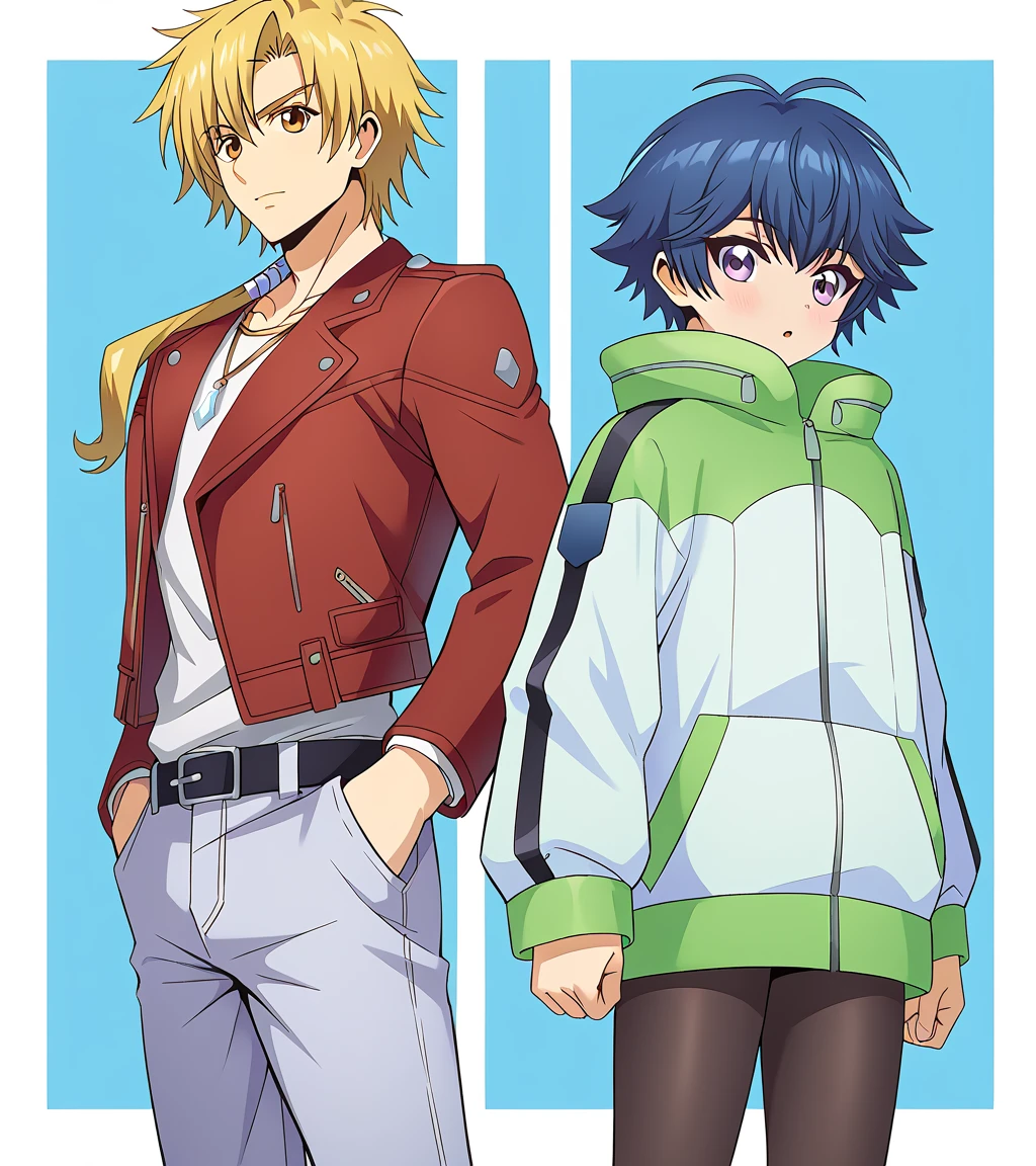 zPDXL2,rating_safe,<lora:Danji_Yu-yu_Tohya:0.9>,2boys,multiple boys,male focus,(amusement park:1.1) BREAK tohya ebata,jewelry,hands in pockets,red jacket,shirt,belt,pants,pendant,white shirt,low ponytail,open jacket,open clothes,belt chain BREAK yu-yu kondo,green-white jacket,black pants,pantyhose,