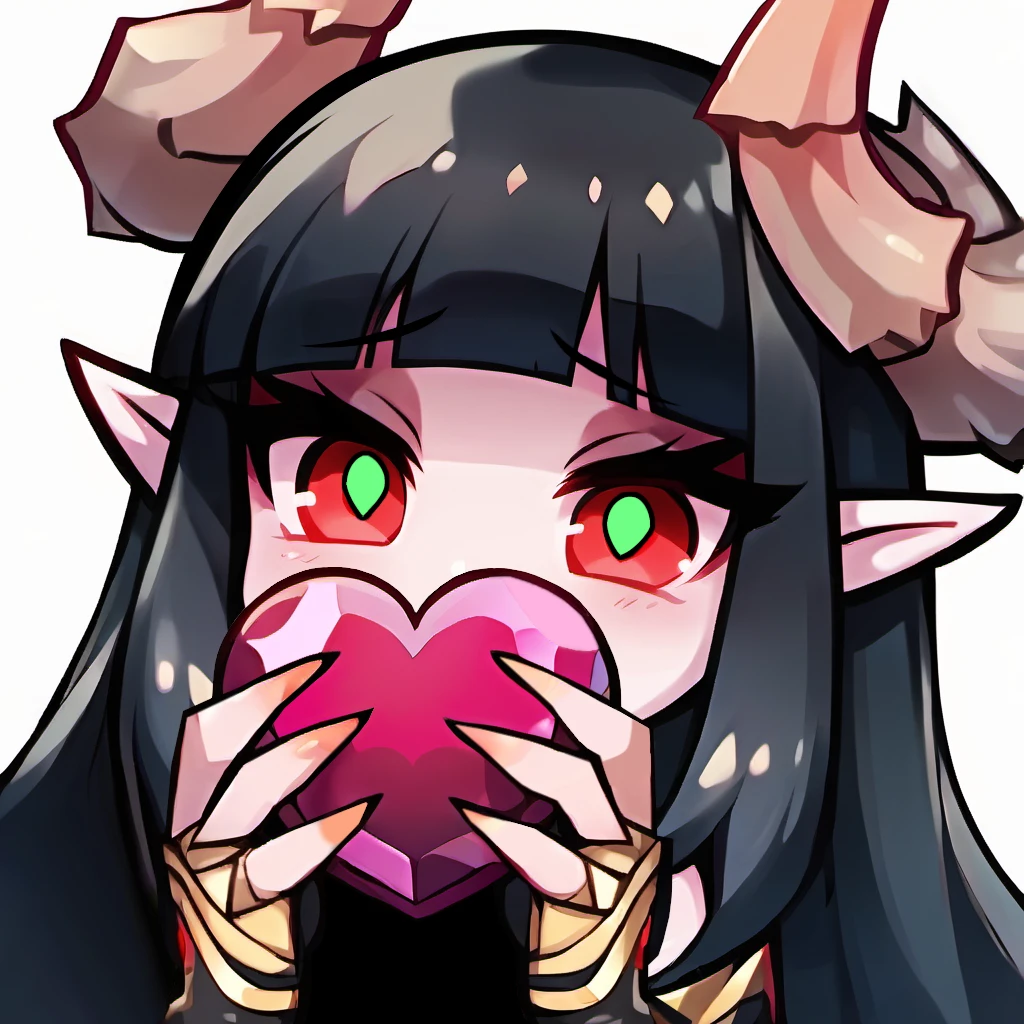 em0te art style, (score_9, score_8_up:1.1), score_7_up, FemDWSkimpy, looking_at_viewer, (holding a ((large pink shiny heart))), holding a huge pink heart, holding giant pink heart, Emote, high quality, high res, highly detailed face, white background, chibi, 1girl, solo, upper body, close up, <lora:FemDW_Pony:1>, FemDWSkimpy, horns, pointy ears, choker, gauntlets, claws, demon girl, succubus, very skimpy outfit, collarbone, bare shoulders, long hair, blunt bangs, black hair, tall mature female, colored skin, perfectly straight hair, shiny red eyes, green pupils, mature female, BREAK shiny skin, BREAK black eyeliner, happy eyes, makeup, claws grabbing heart, BREAK emote, huge heart holding emote, illustration