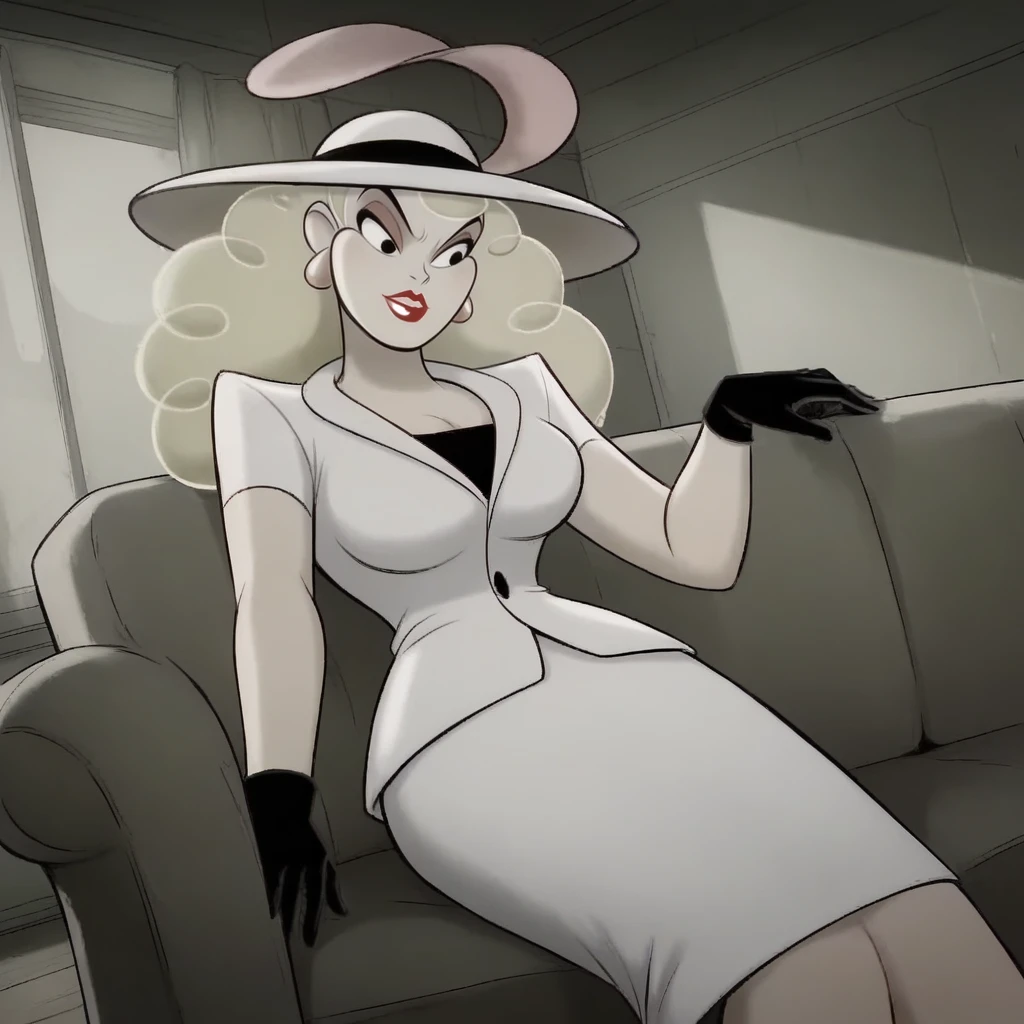 score_9_up, score_8_up, BREAK, FemmeFatale, 1girl, solo, blonde hair, long hair, black eyes, lipstick, hat, white suit, short sleeves, white skirt, black gloves, sitting on couch, indoors,, <lora:FemmeFatale_PalmSprings_PXL_Leaf1:1>,