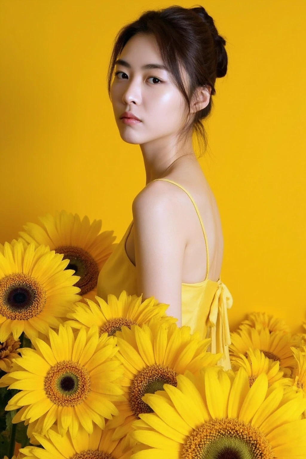 The image showcases a young korean woman with her hair elegantly styled in an updo, emphasizing her delicate and refined features. She is positioned against a strikingly vibrant yellow background, which is filled with large sunflowers. The rsunflowers dominate the composition, adding a dramatic and intense contrast to her skin tone and overall appearance.
The woman is dressed in yellow sleeveless bohemian dress, which drapes softly over her shoulders, leaving her upper back and one shoulder exposed. Her expression is calm and slightly mysterious, with her gaze directed slightly to the side, away from the camera. The large poppies, some of which overlap with her figure, create a dreamy and surreal atmosphere, as if she is blending into or emerging from the floral background., <lora:flux_realism_lora:1>, <lora:makinaflux_leeyeonhee_v1.0:1>