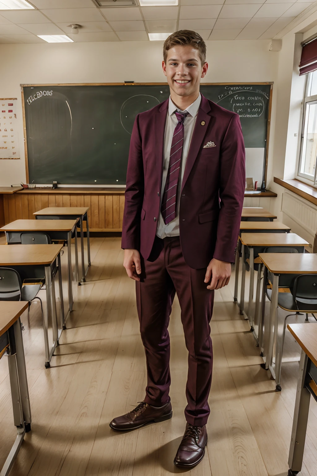 classroom of a Swedish school, standing beside student desk, smiling, short hair, (MattThurman), wearing (maroon youngroyals uniform), (((full body portrait))), wide angle   <lora:youngroyals_lora:0.70> <lora:MartinHovor:0.8>